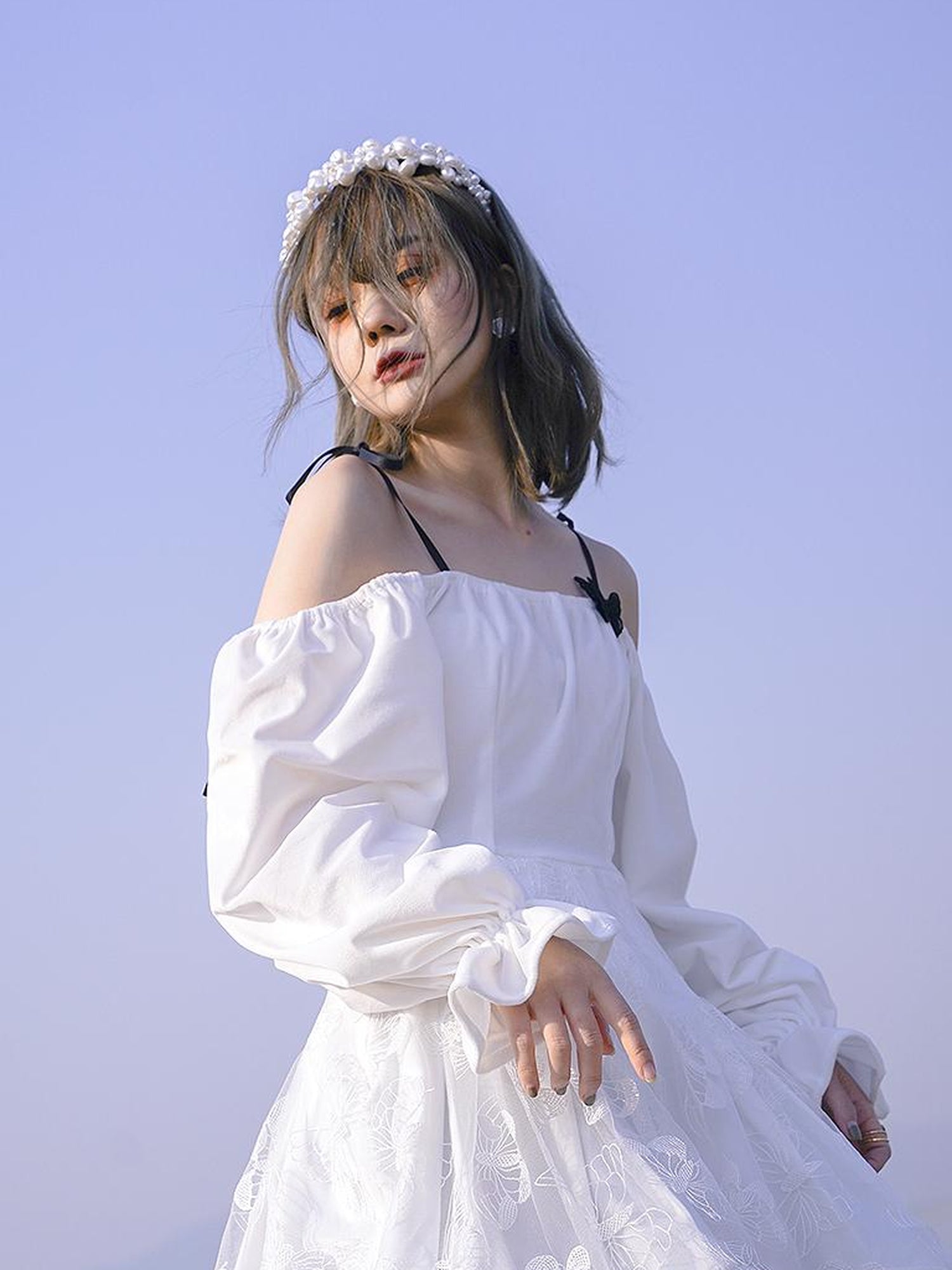 Daytoday Butterfly Lace Velvet Dress Inspired By Les Fleurs Du Mal V-Neck T-Shirt Long-Sleeve