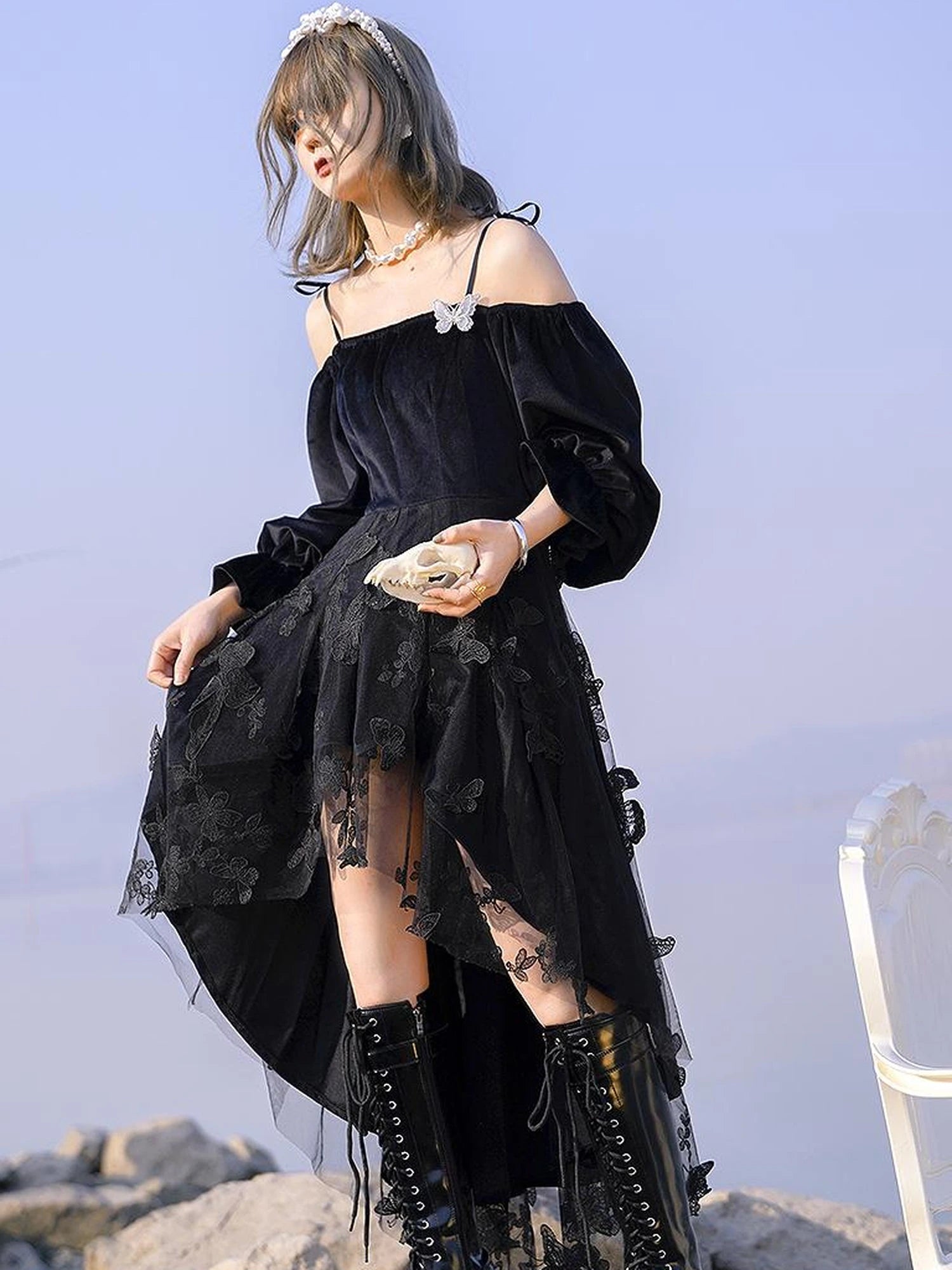 Butterfly Lace Velvet Dress Inspired By Les Fleurs Du Mal V-Neck T-Shirt Long-Sleeve