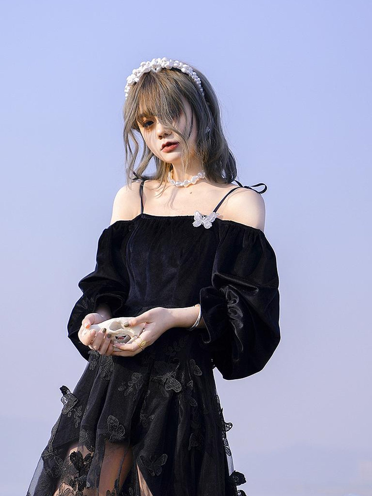 Daytoday Butterfly Lace Velvet Dress Inspired By Les Fleurs Du Mal V-Neck T-Shirt Long-Sleeve