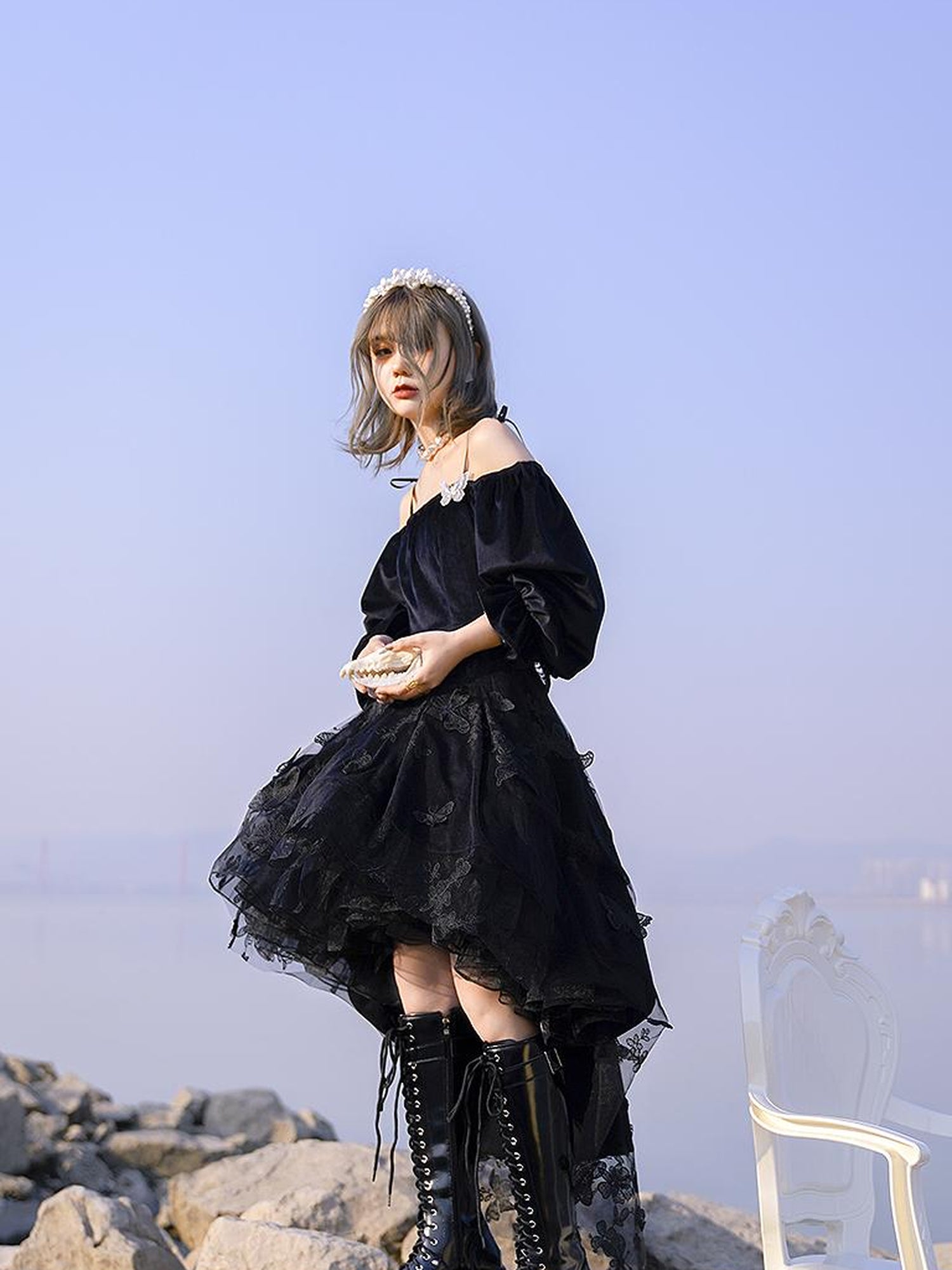 Daytoday Butterfly Lace Velvet Dress Inspired By Les Fleurs Du Mal V-Neck T-Shirt Long-Sleeve