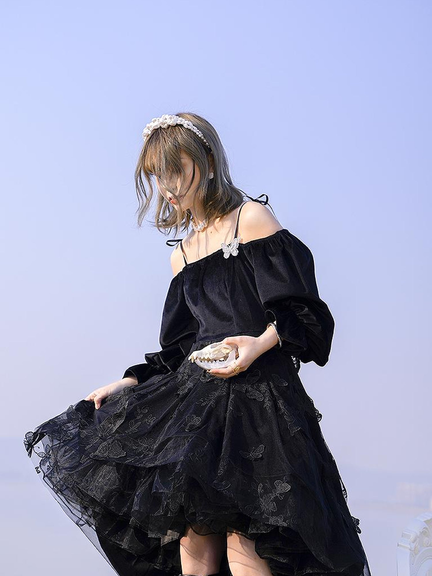 Daytoday Butterfly Lace Velvet Dress Inspired By Les Fleurs Du Mal V-Neck T-Shirt Long-Sleeve