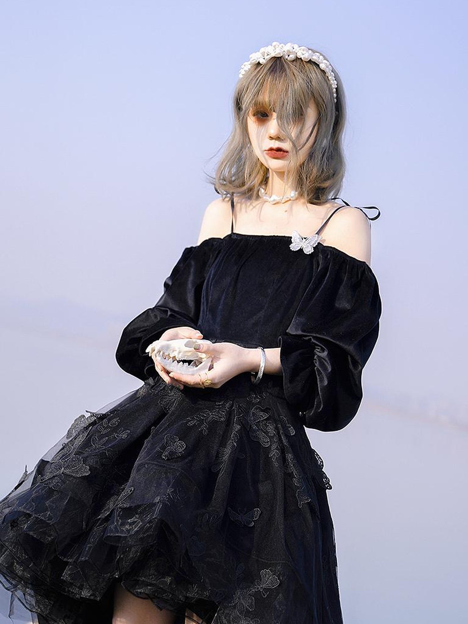 Daytoday Butterfly Lace Velvet Dress Inspired By Les Fleurs Du Mal V-Neck T-Shirt Long-Sleeve