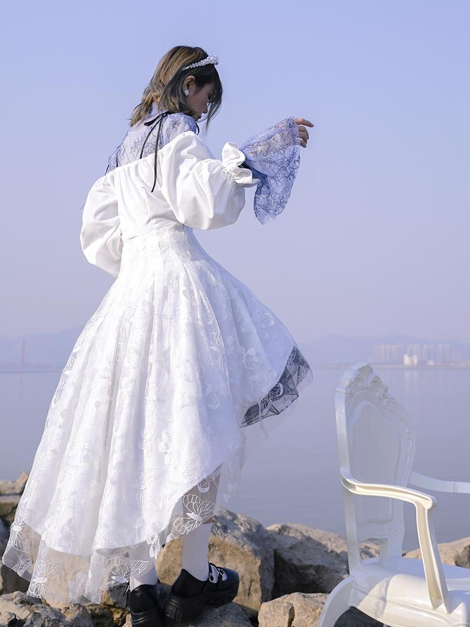 Daytoday Butterfly Lace Velvet Dress Inspired By Les Fleurs Du Mal V-Neck T-Shirt Long-Sleeve