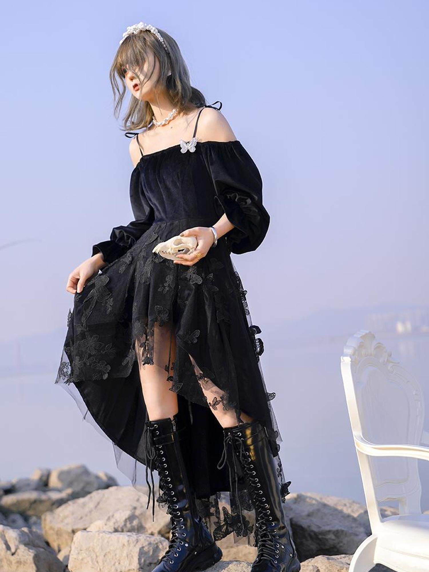 Daytoday Butterfly Lace Velvet Dress Inspired By Les Fleurs Du Mal V-Neck T-Shirt Long-Sleeve