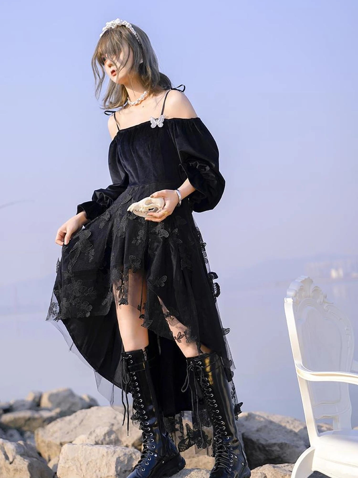 Butterfly Lace Velvet Dress Inspired By Les Fleurs Du Mal V-Neck T-Shirt Long-Sleeve