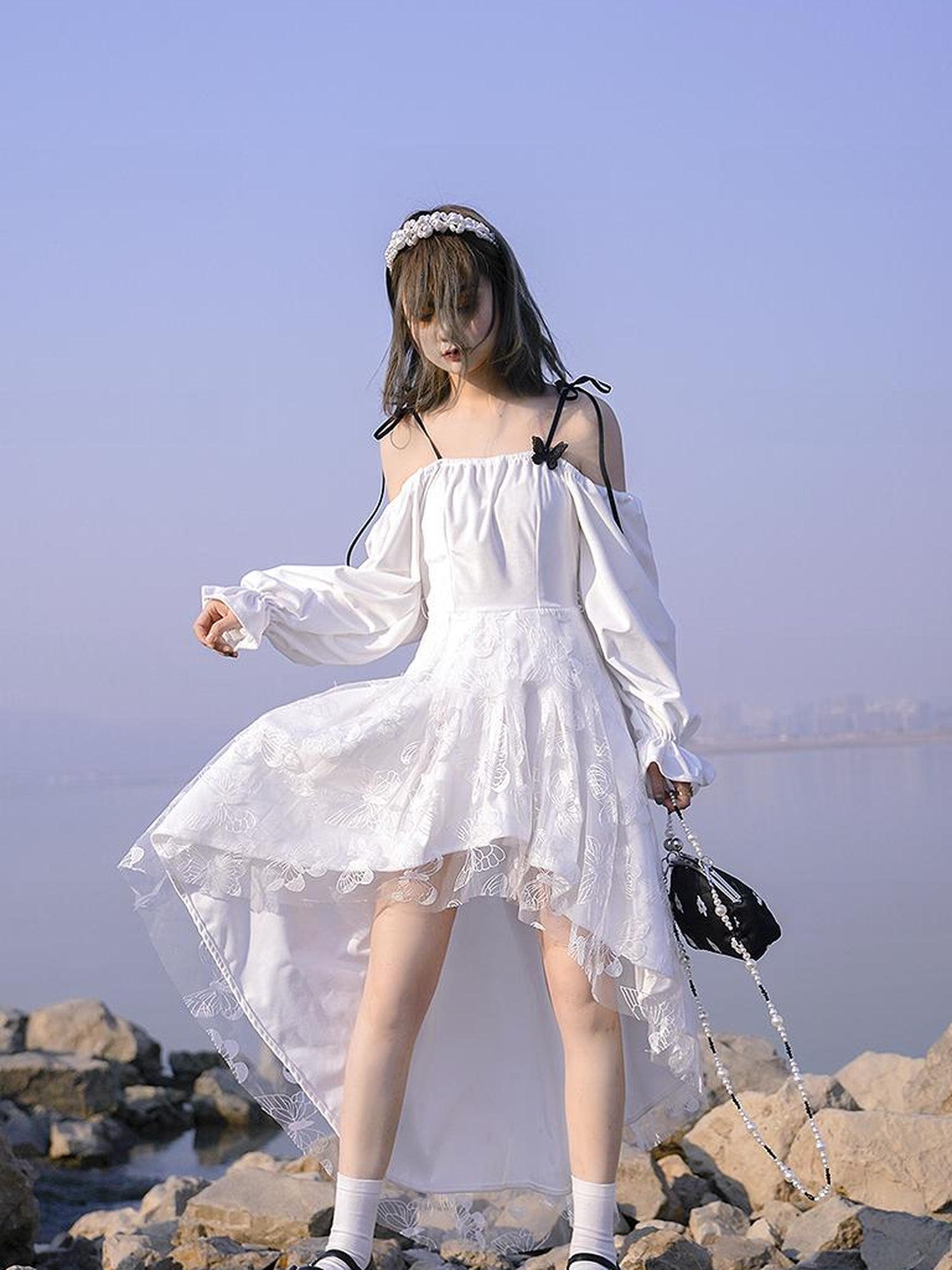 Daytoday Butterfly Lace Velvet Dress Inspired By Les Fleurs Du Mal V-Neck T-Shirt Long-Sleeve