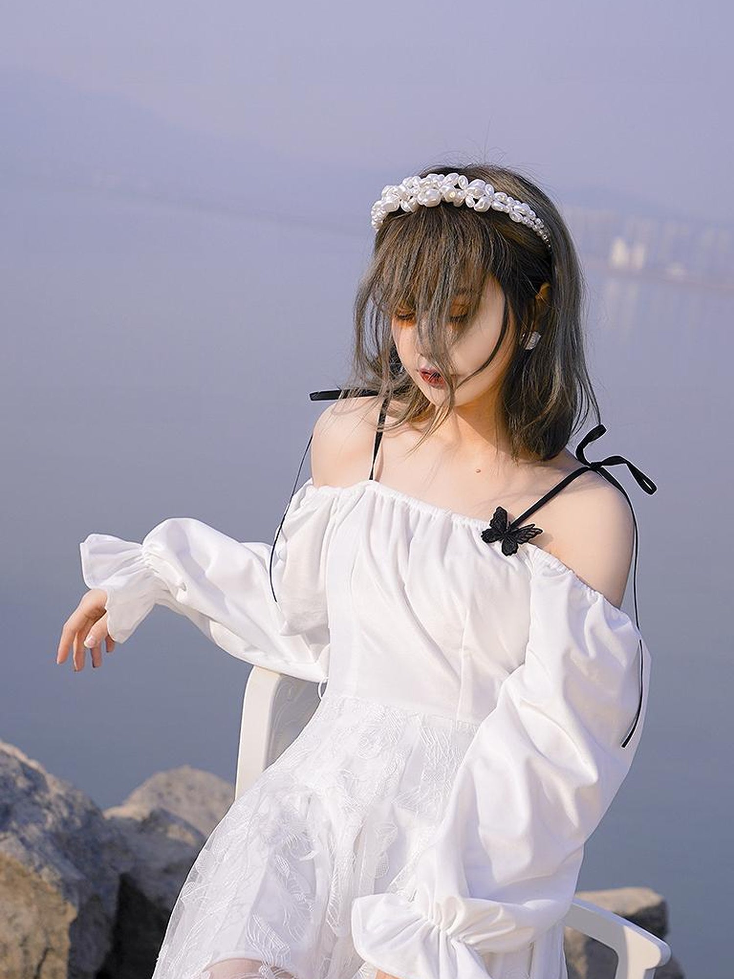 Daytoday Butterfly Lace Velvet Dress Inspired By Les Fleurs Du Mal V-Neck T-Shirt Long-Sleeve