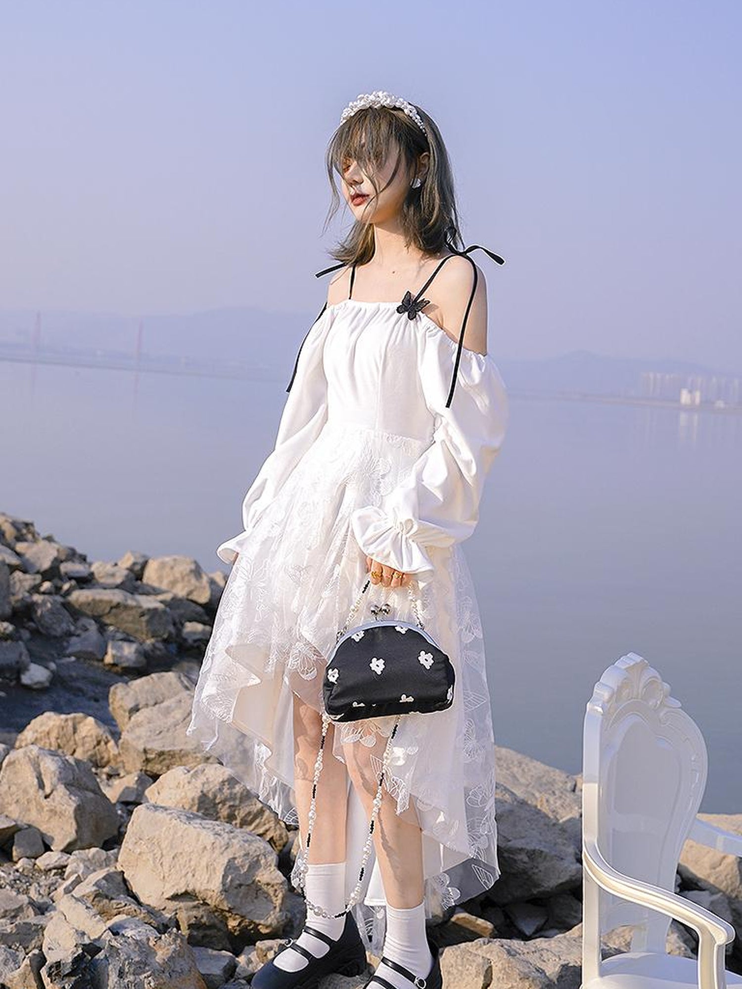 Daytoday Butterfly Lace Velvet Dress Inspired By Les Fleurs Du Mal V-Neck T-Shirt Long-Sleeve