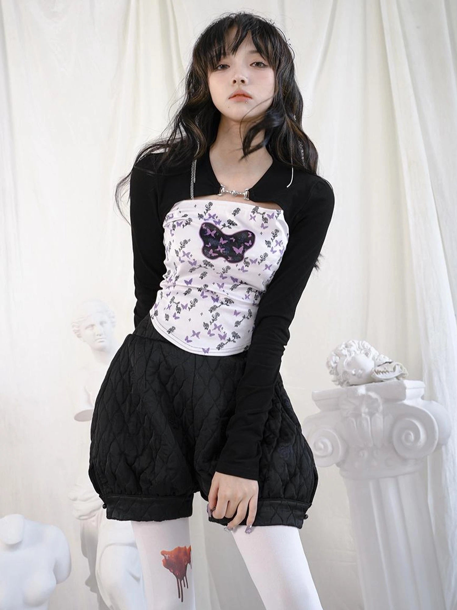 Butterfly Moon Print Cropped Top With Metal Buttons