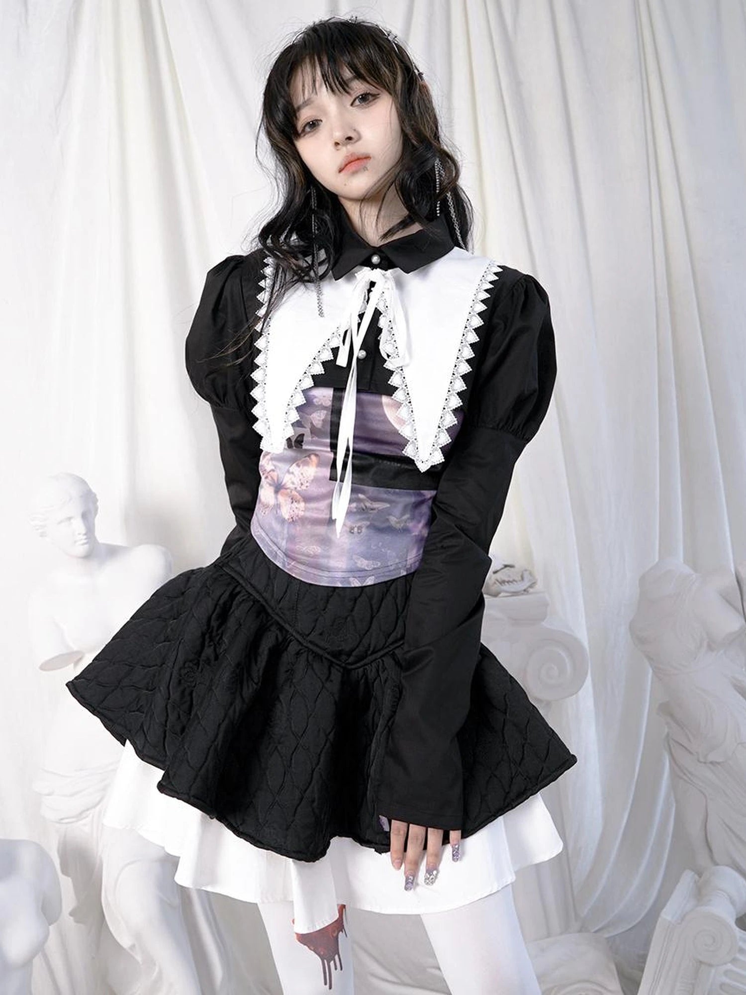 Butterfly Moon Print Cropped Top With Metal Buttons