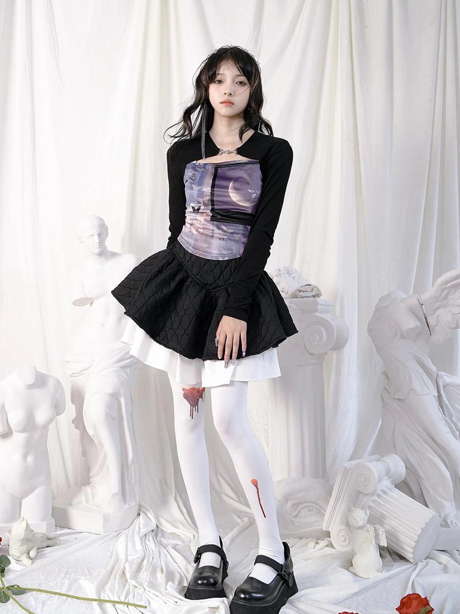 Butterfly Moon Print Cropped Top With Metal Buttons