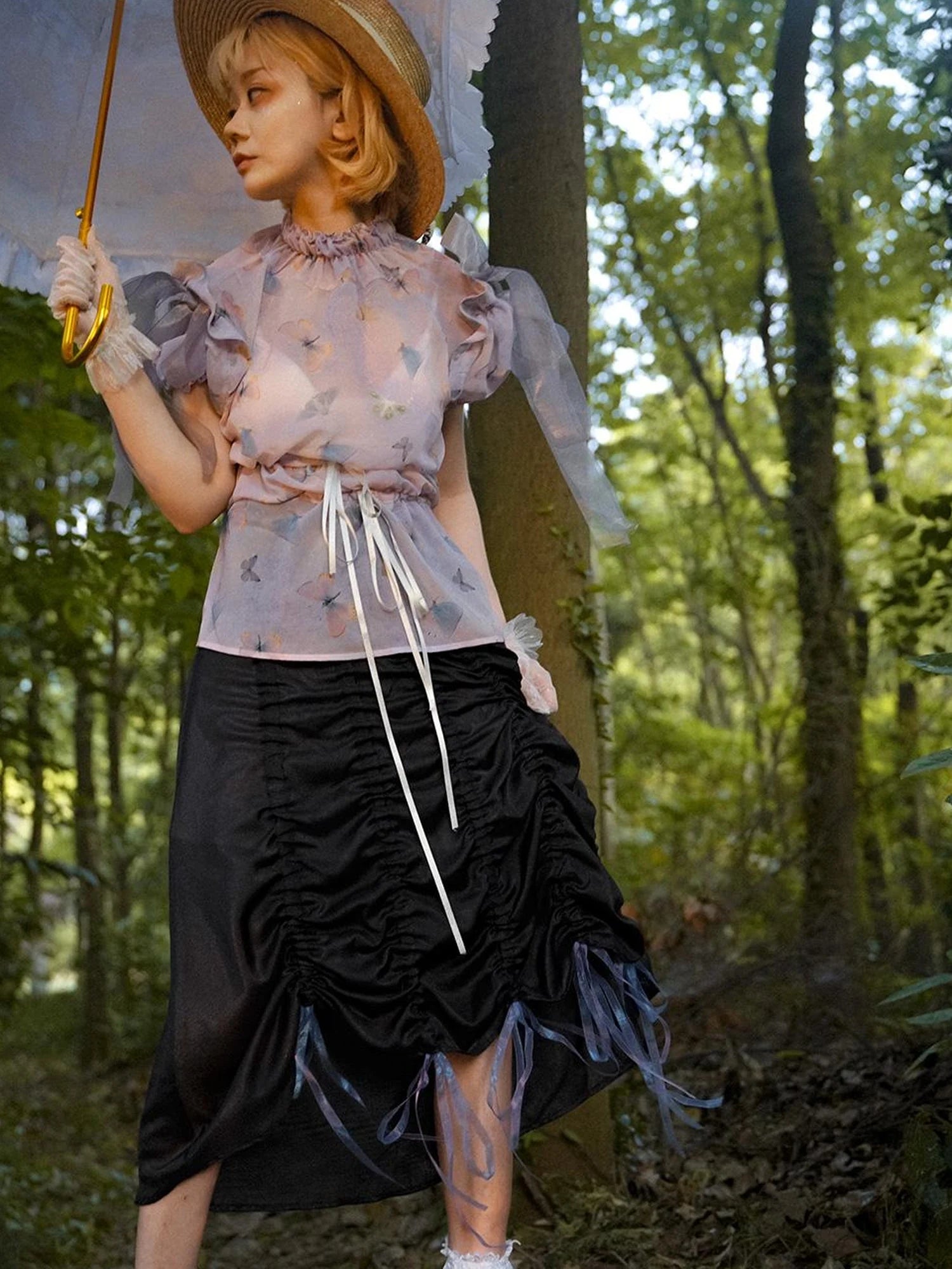 Butterfly Print Drawstring Skirt