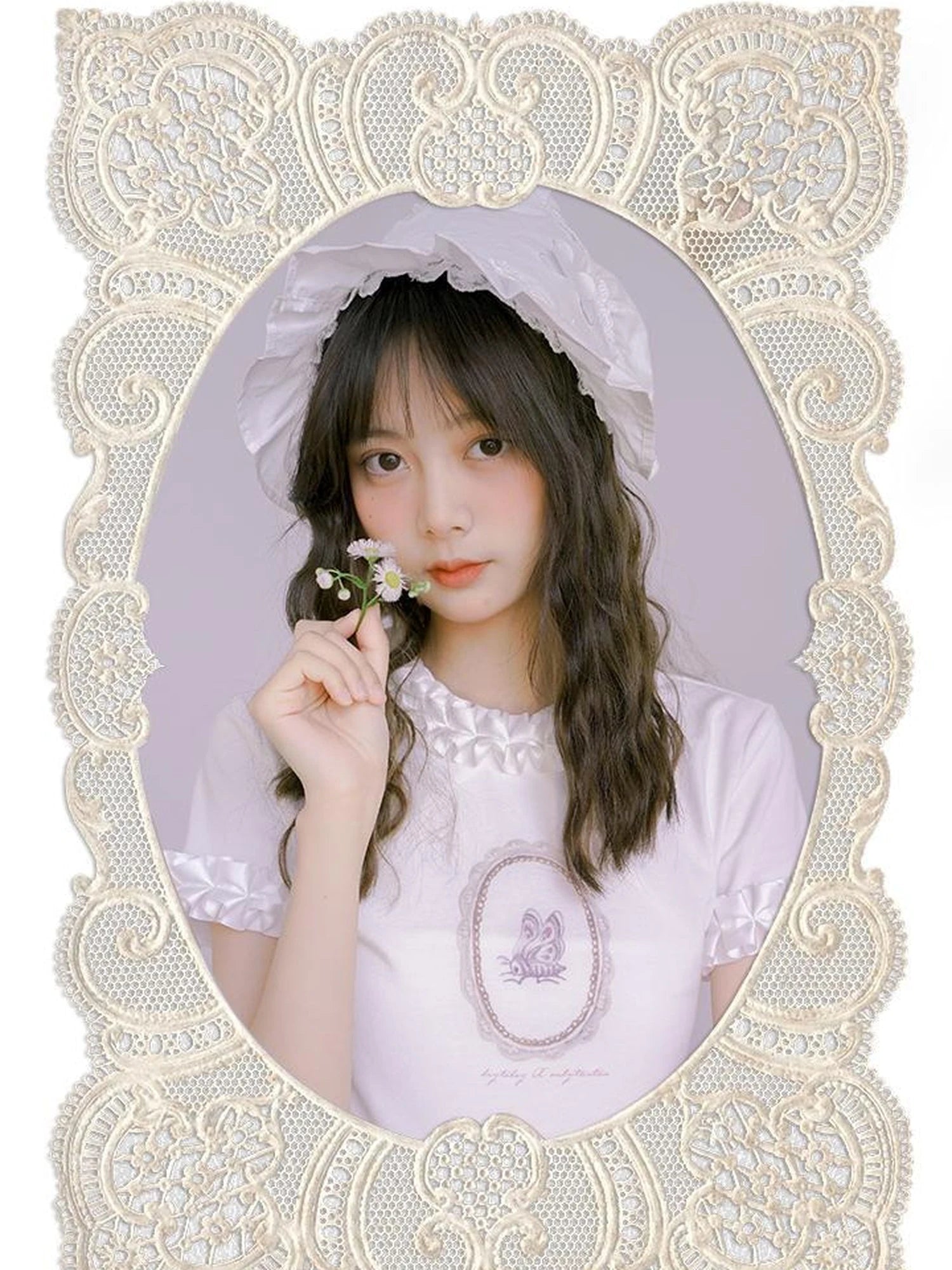 Butterfly Print Embroidered T Shirt With Lace Trim