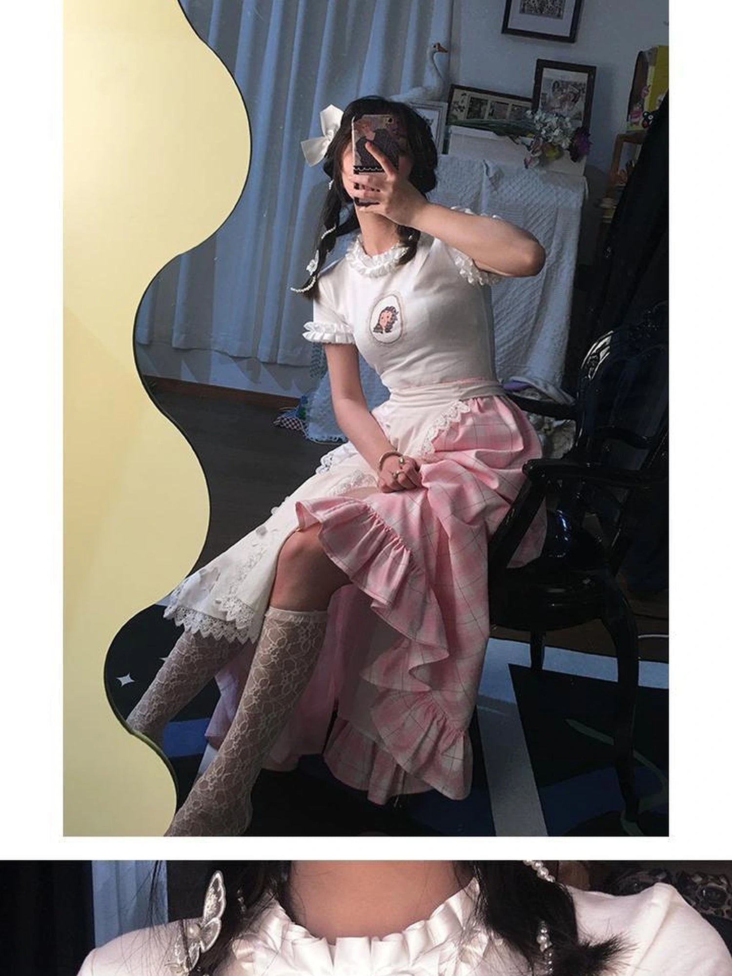 Butterfly Print Embroidered T Shirt With Lace Trim