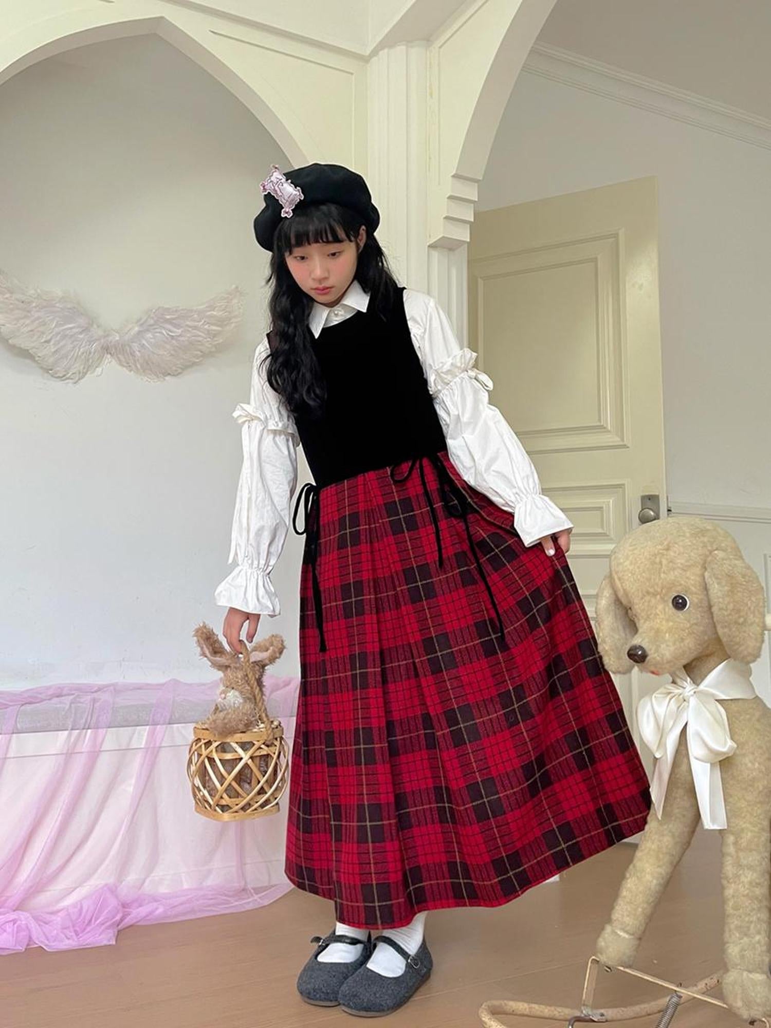 Daytoday Christmas Plaid Velvet Vintage Vest Dress V-neck Long-Sleeve