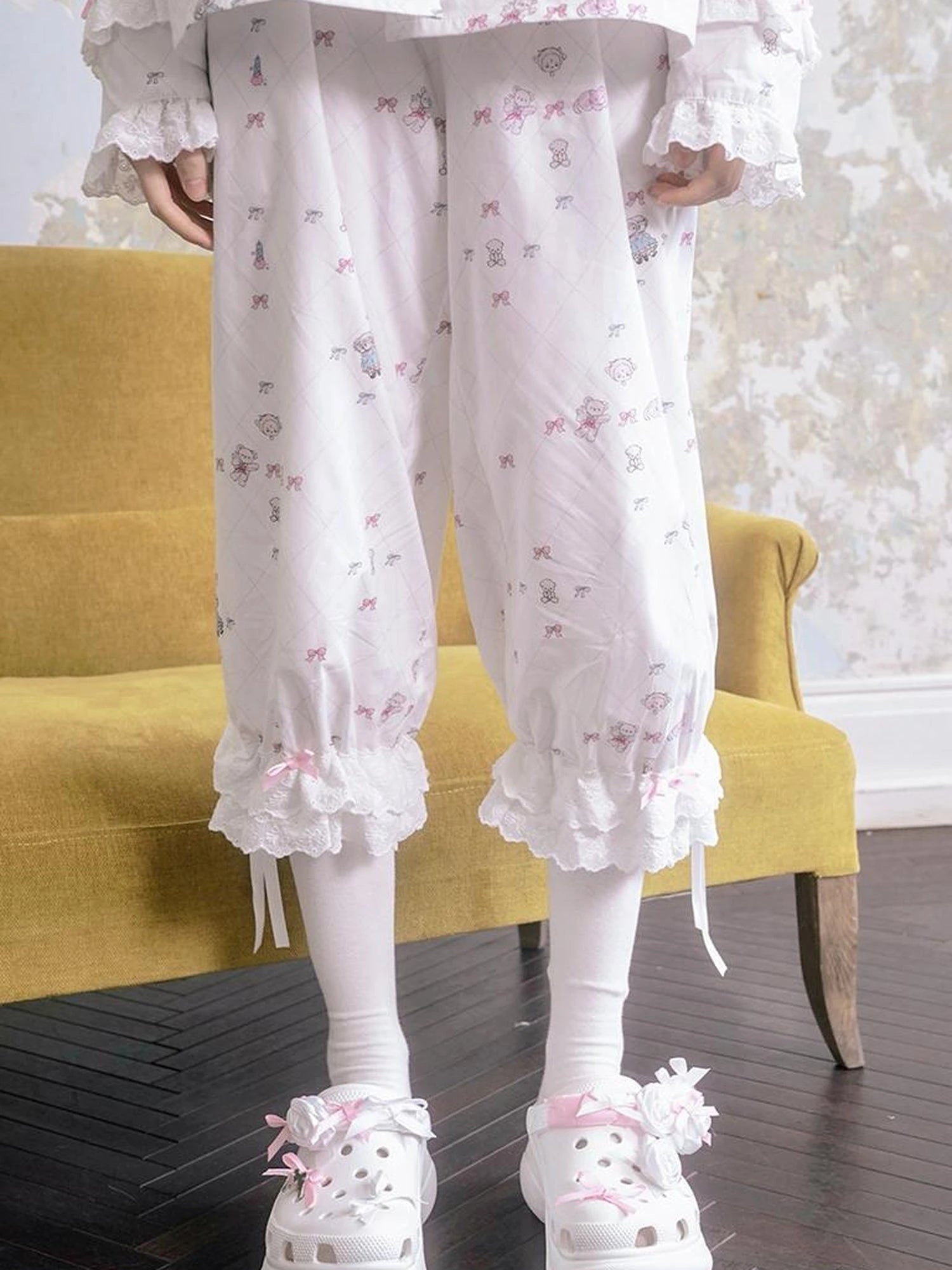 Cotton Bow Print Mid Length Sleep Pants