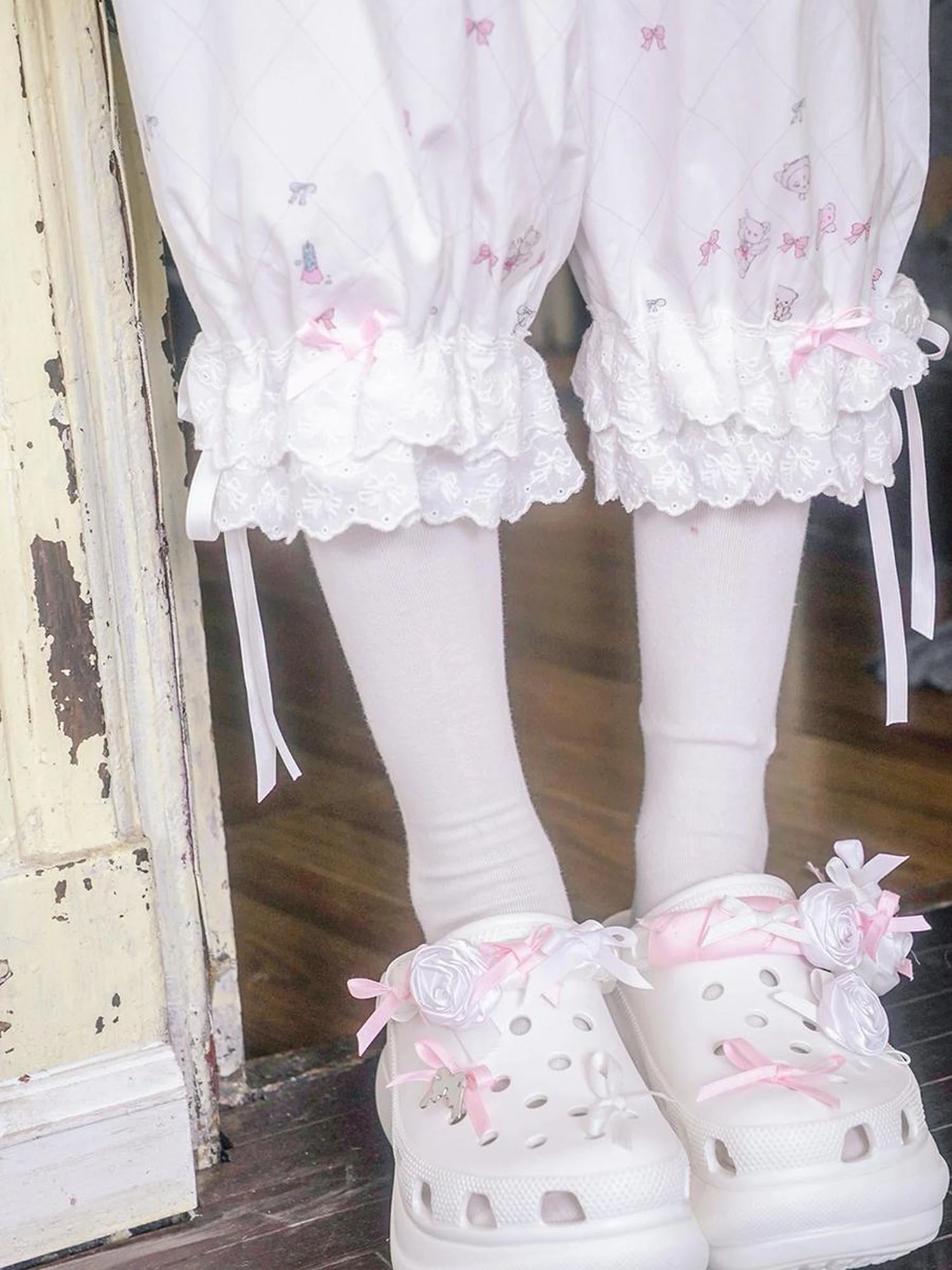 Cotton Bow Print Mid Length Sleep Pants