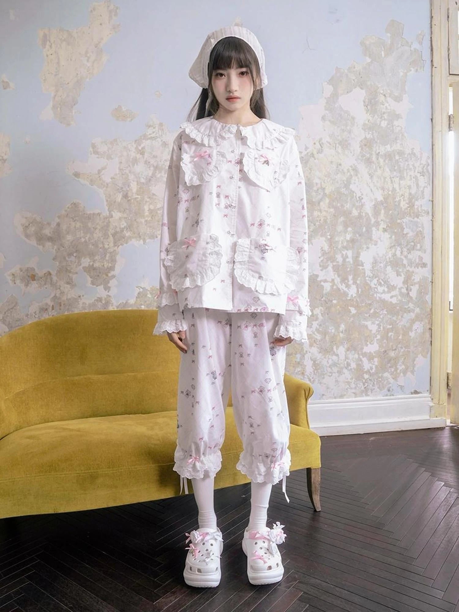 Cotton Bow Print Mid Length Sleep Pants