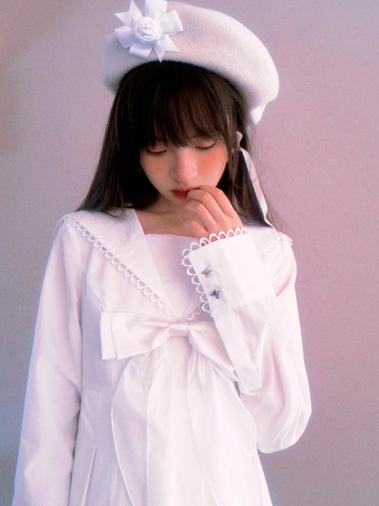 Cotton Sailor Bow Ruffle Hem Long Sleeve Dress