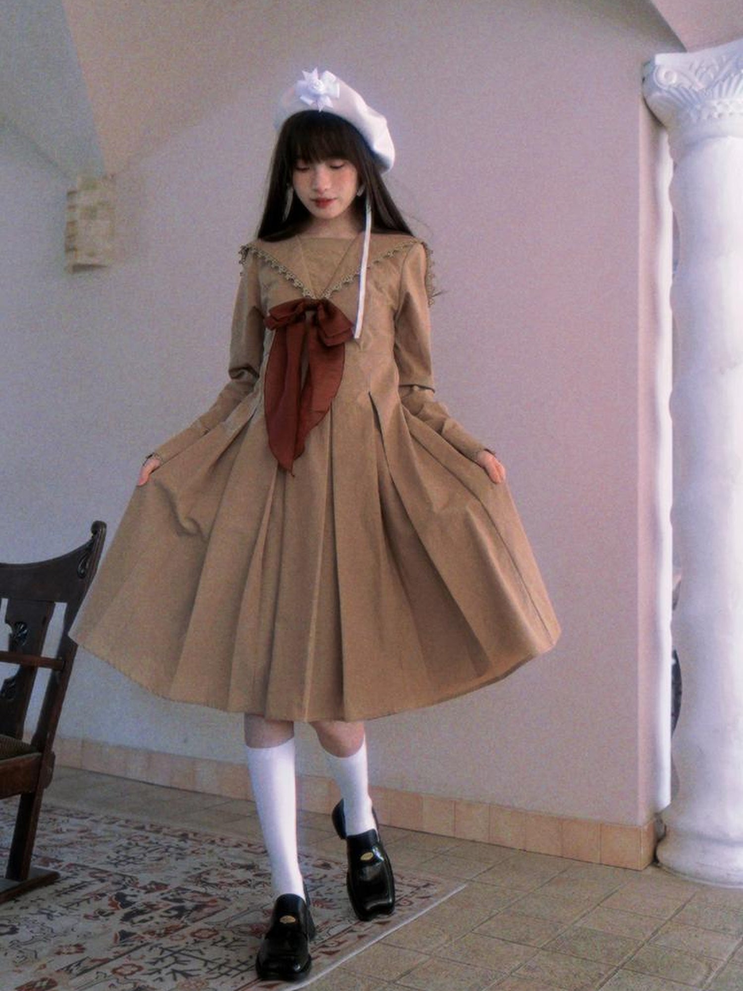 Daytoday Cotton Sailor Bow Ruffle Hem Long Sleeve Dress