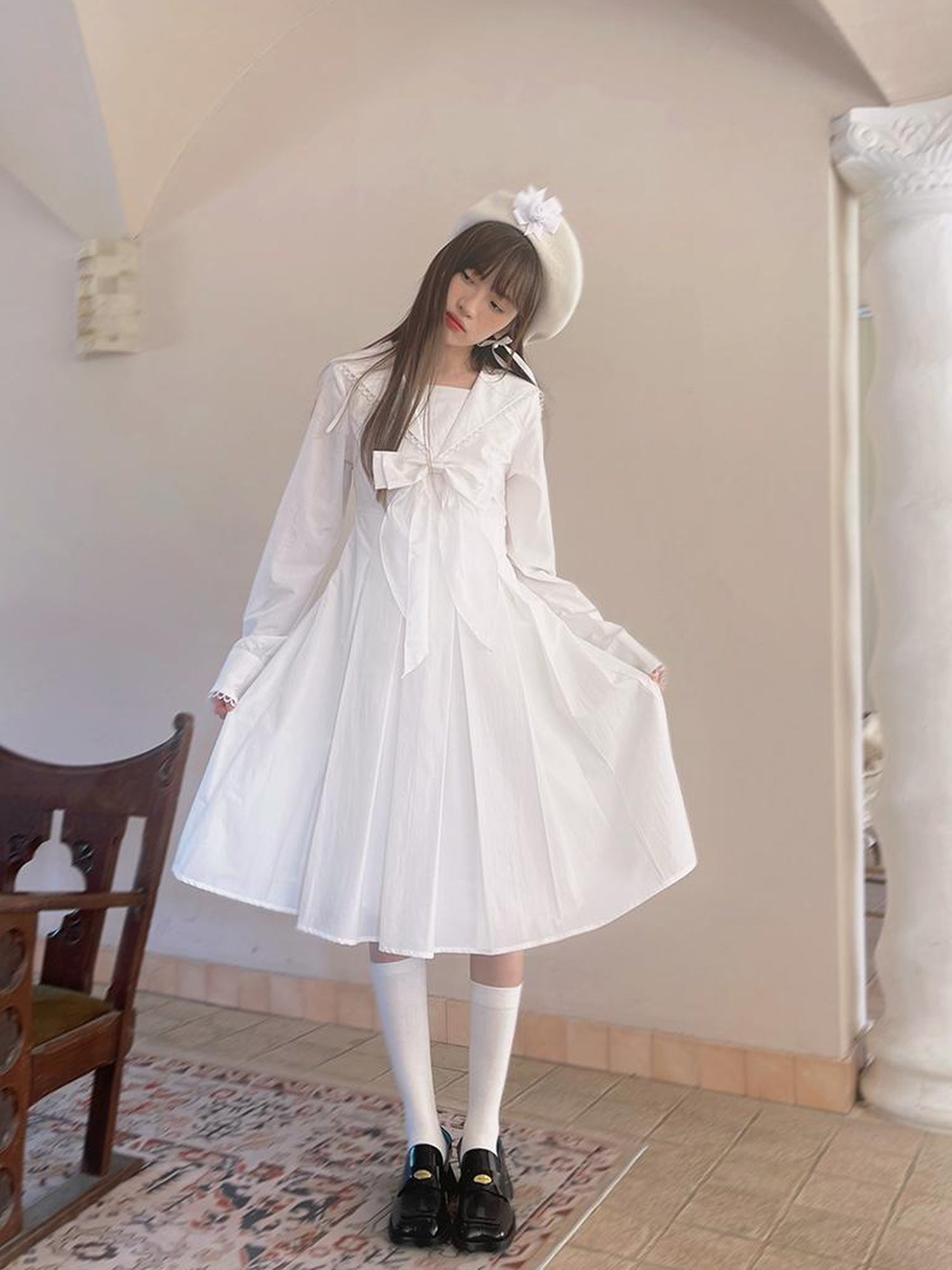 Daytoday Cotton Sailor Bow Ruffle Hem Long Sleeve Dress