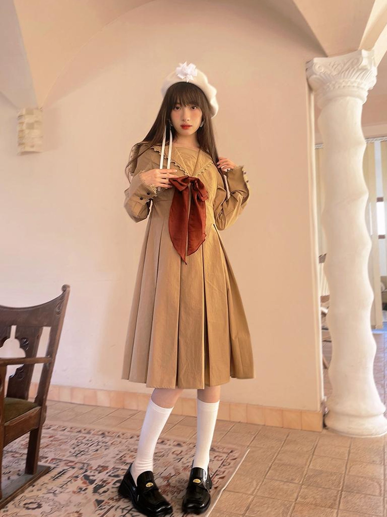 Daytoday Cotton Sailor Bow Ruffle Hem Long Sleeve Dress