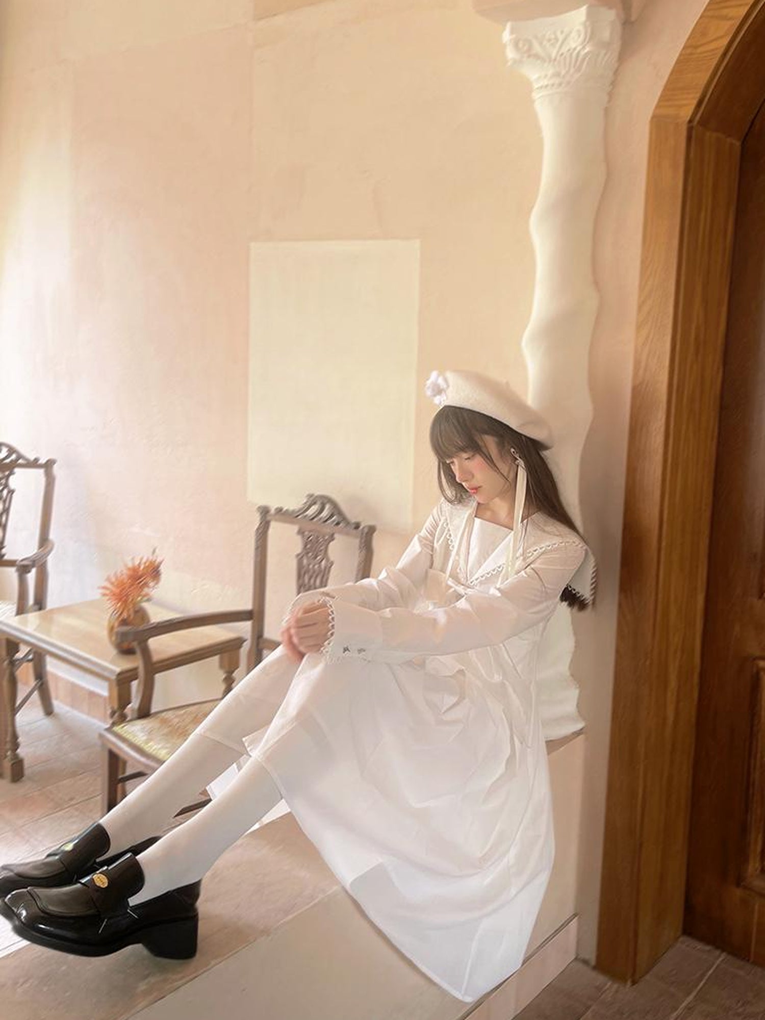 Daytoday Cotton Sailor Bow Ruffle Hem Long Sleeve Dress