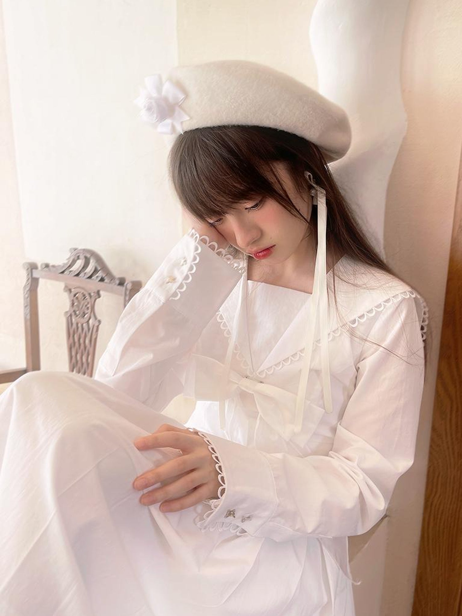 Daytoday Cotton Sailor Bow Ruffle Hem Long Sleeve Dress