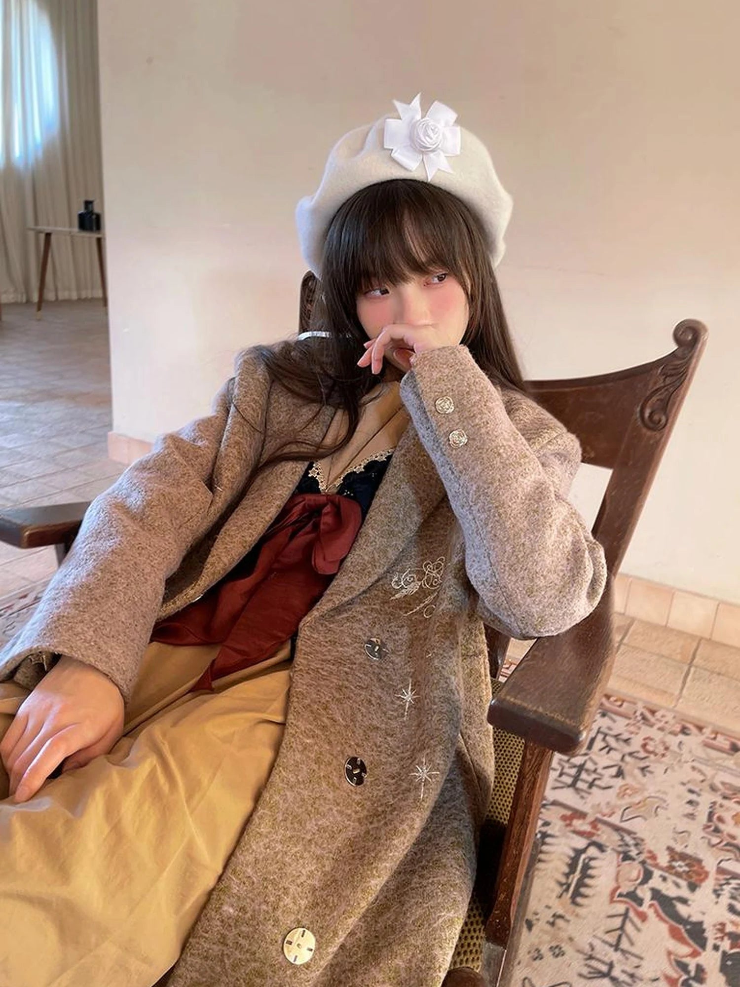 Cotton Sailor Bow Ruffle Hem Long Sleeve Dress