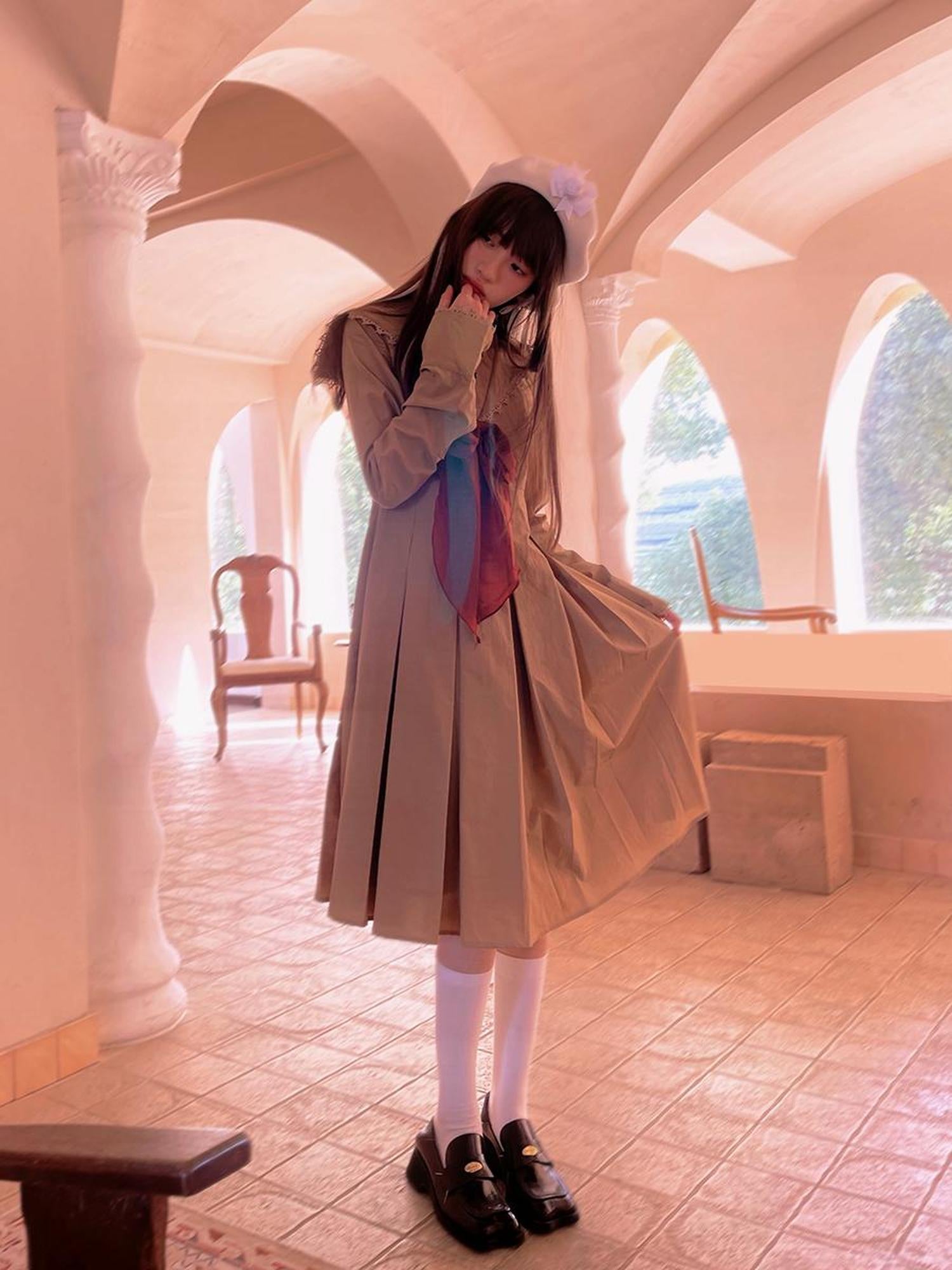 Daytoday Cotton Sailor Bow Ruffle Hem Long Sleeve Dress