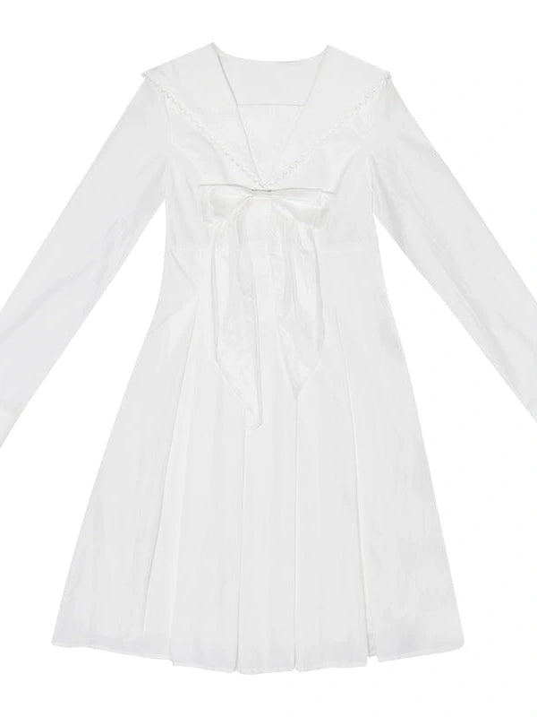 Cotton Sailor Bow Ruffle Hem Long Sleeve Dress