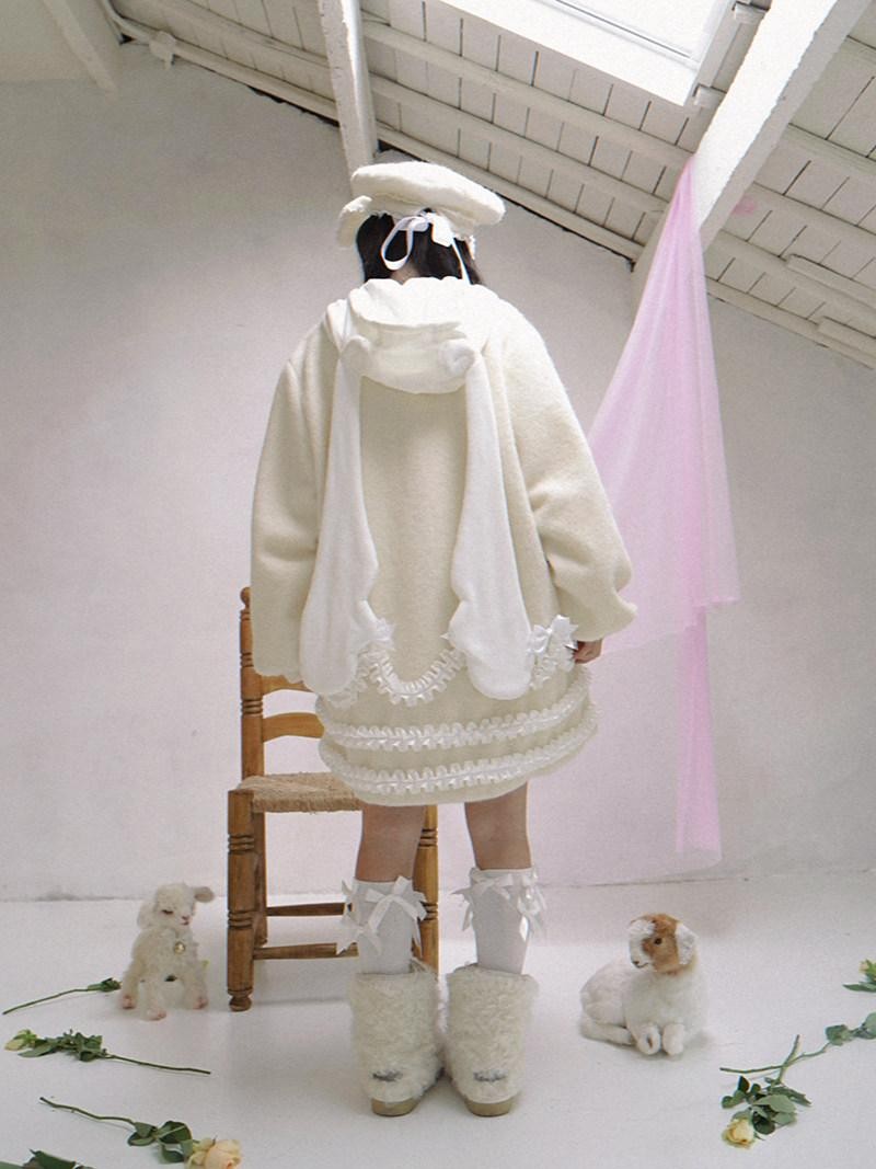 Daytoday Cream Lace Trim Puff Sleeve Round Neck Loose Fit Women&