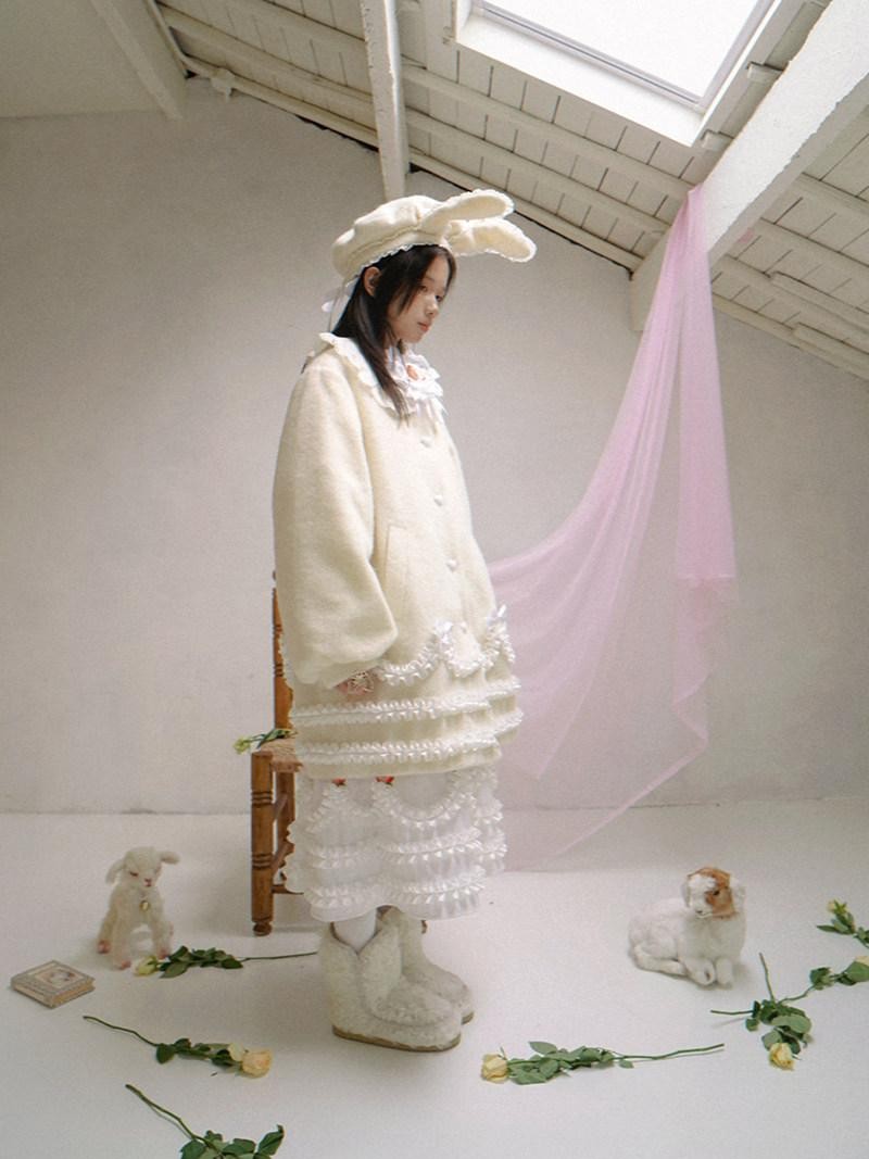 Daytoday Cream Lace Trim Puff Sleeve Round Neck Loose Fit Women&