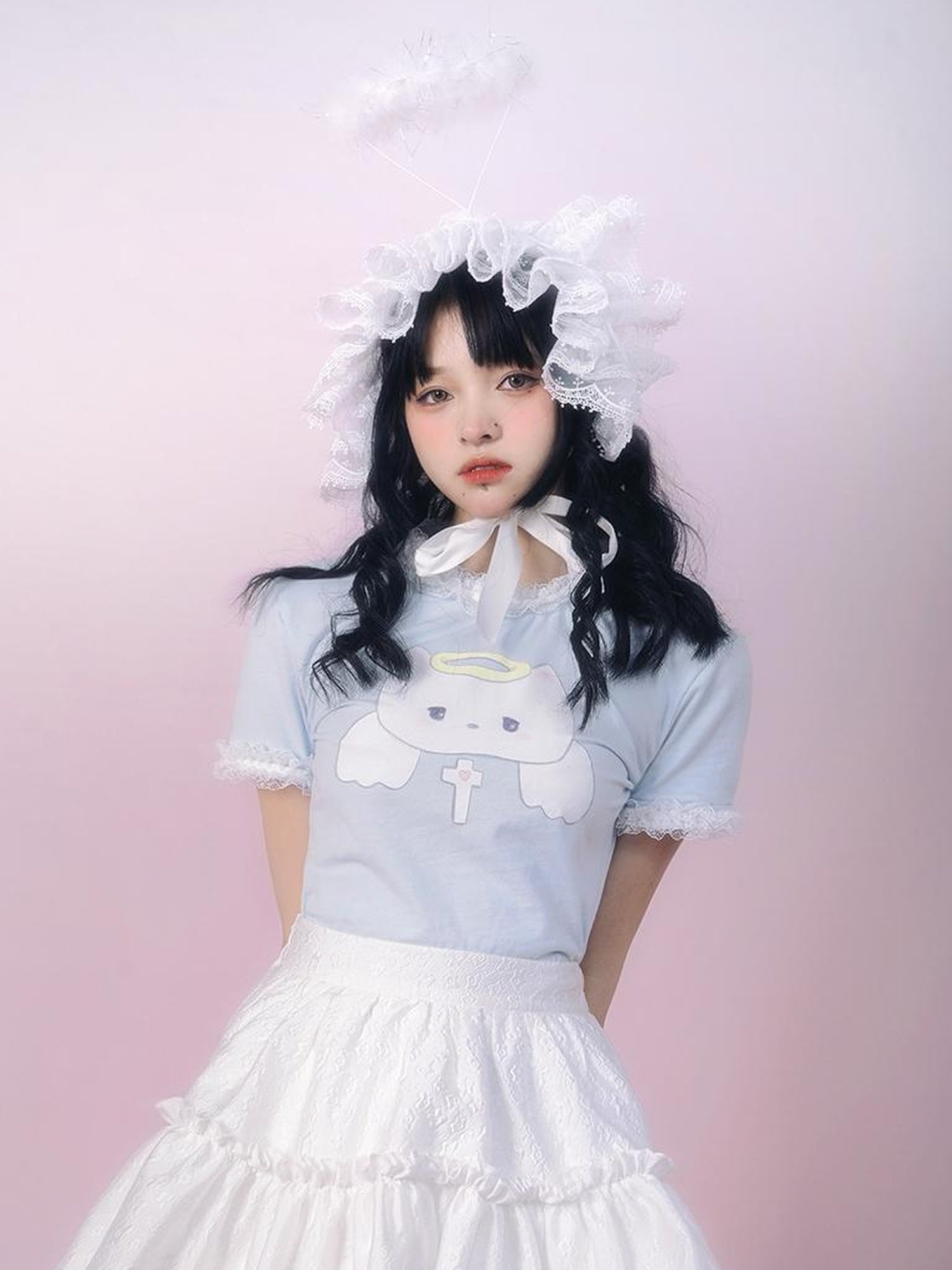 Daytoday Cute Angel Kitten Lace Trim Birthday T Shirt