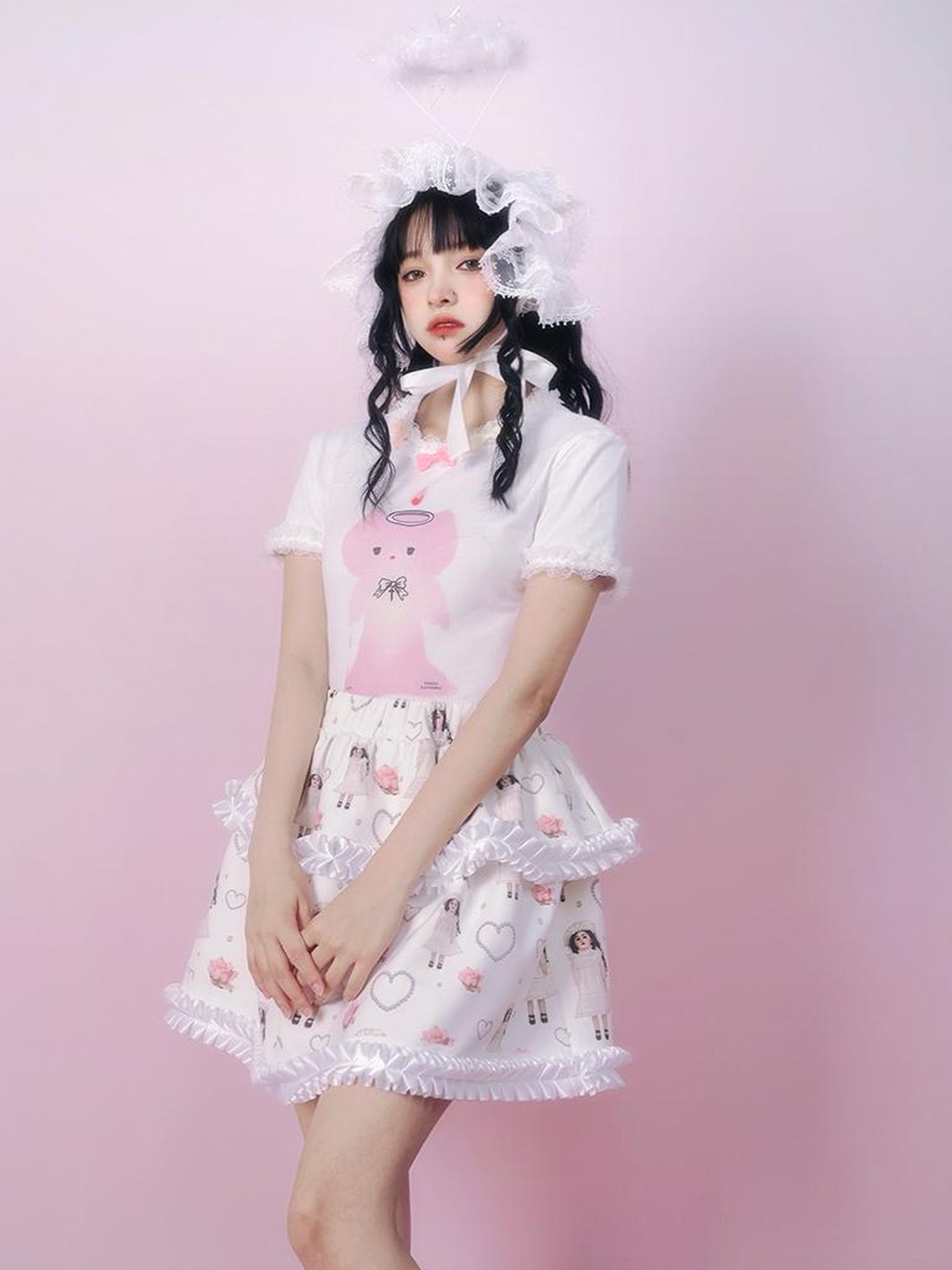 Daytoday Cute Angel Kitten Lace Trim Birthday T Shirt