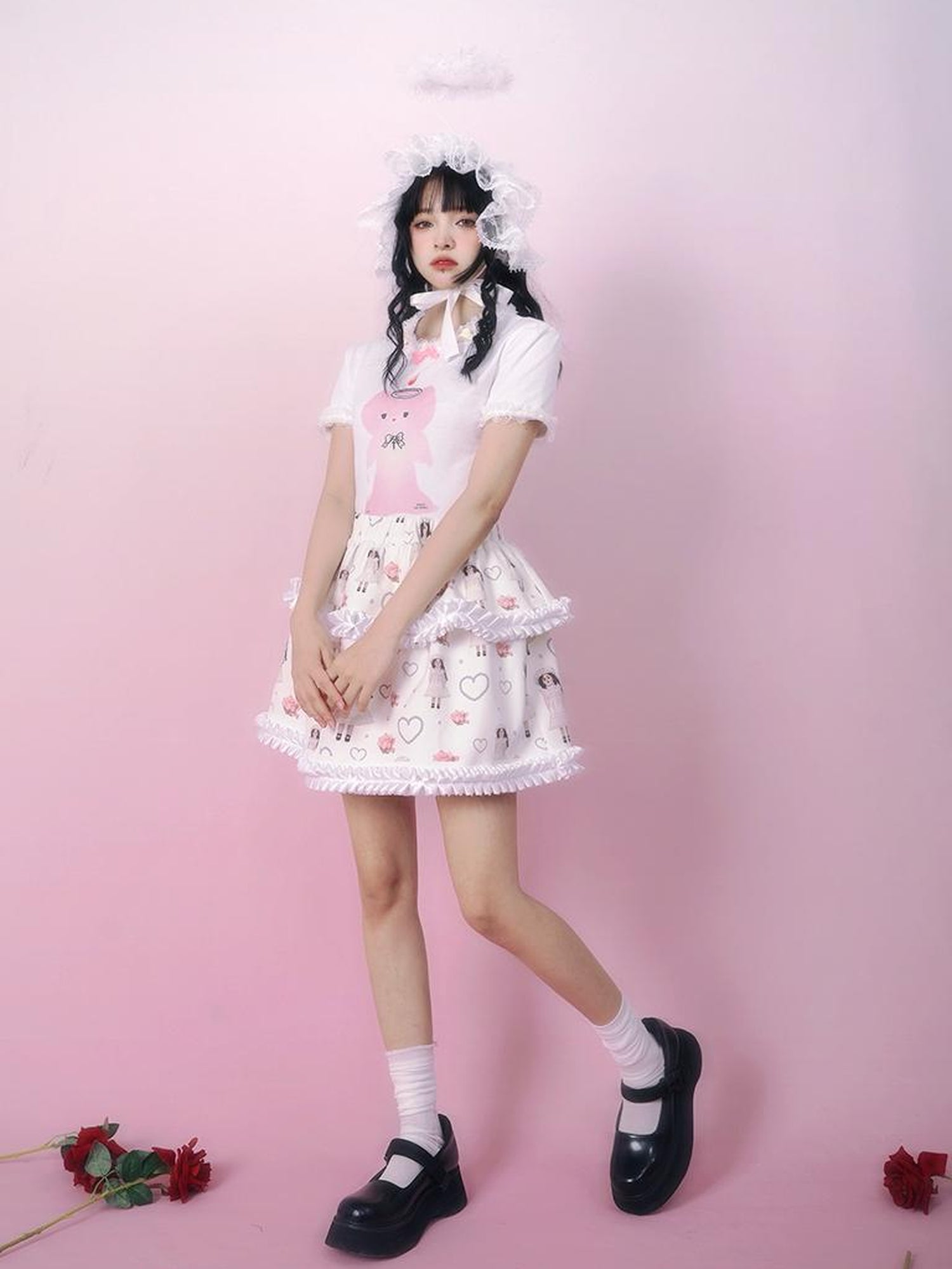 Daytoday Cute Angel Kitten Lace Trim Birthday T Shirt