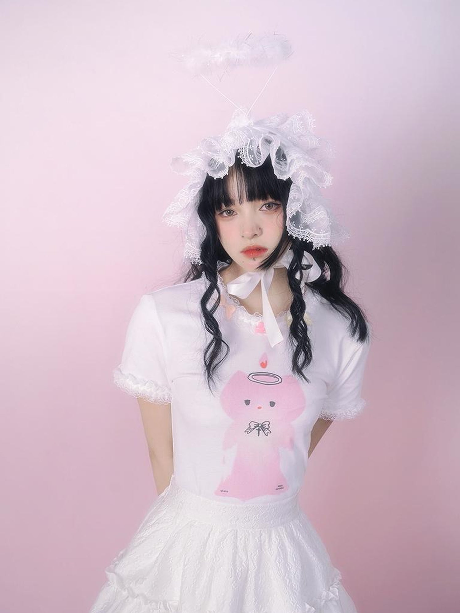 Daytoday Cute Angel Kitten Lace Trim Birthday T Shirt