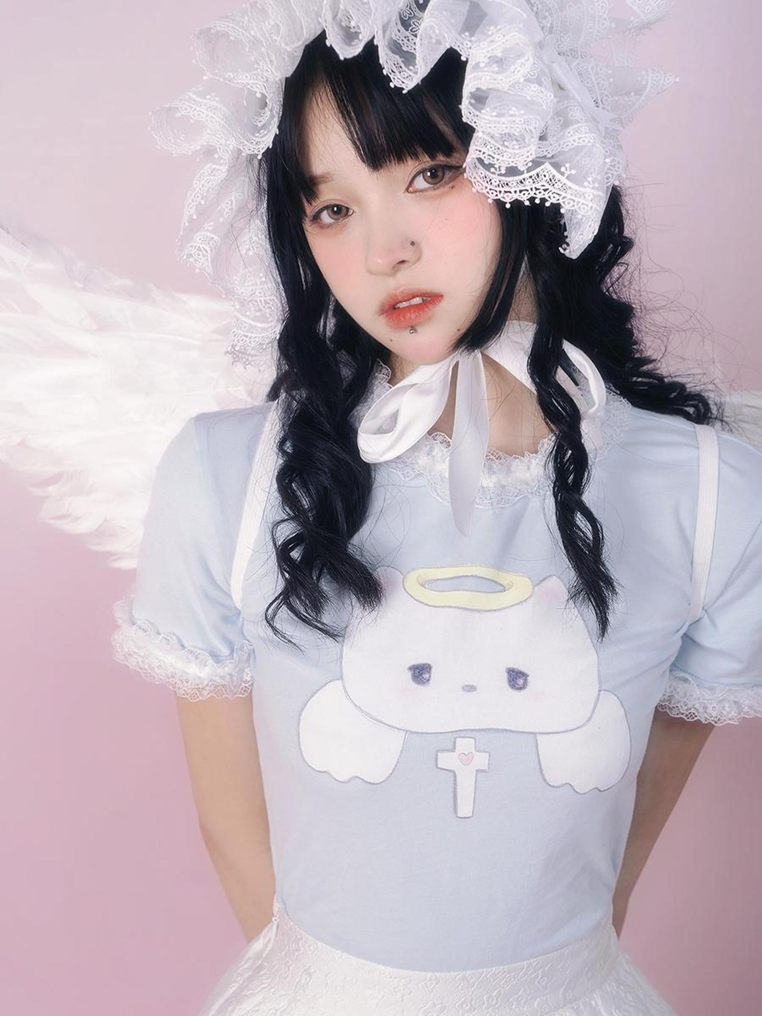 Daytoday Cute Angel Kitten Lace Trim Birthday T Shirt
