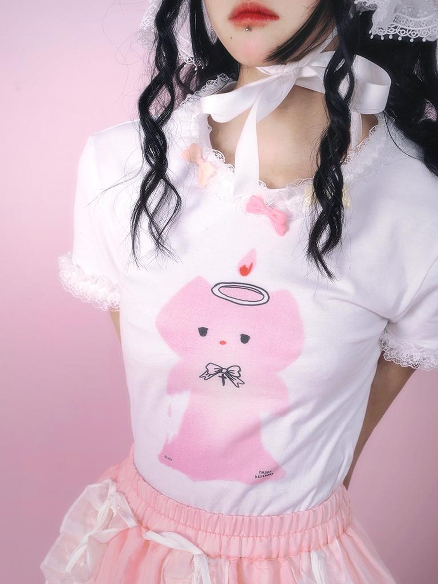 Daytoday Cute Angel Kitten Lace Trim Birthday T Shirt