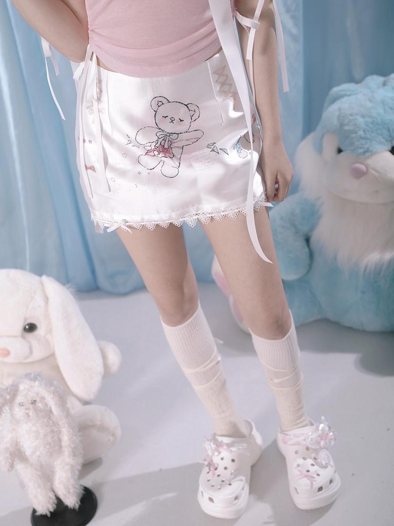 Daytoday Cute Bear Print Bow Short Skirt