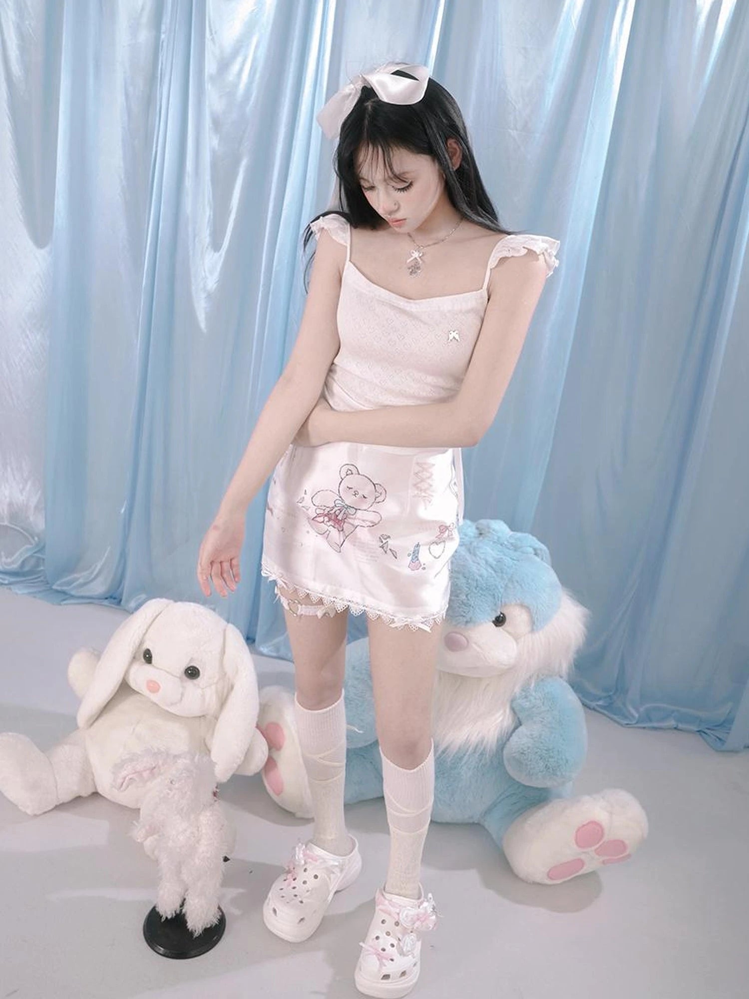 Cute Bear Print Bow Short Skirt