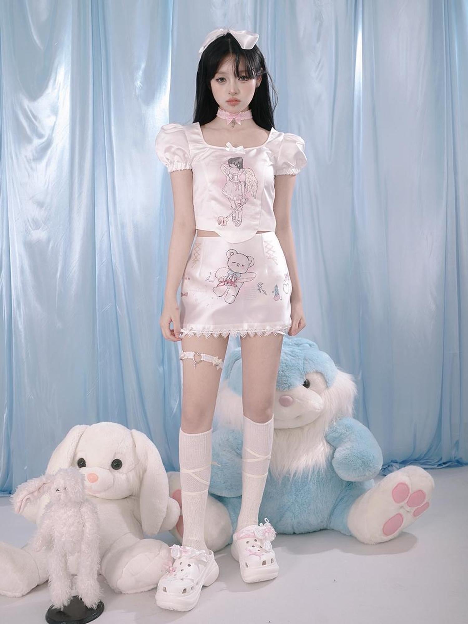 Daytoday Cute Bear Print Bow Short Skirt