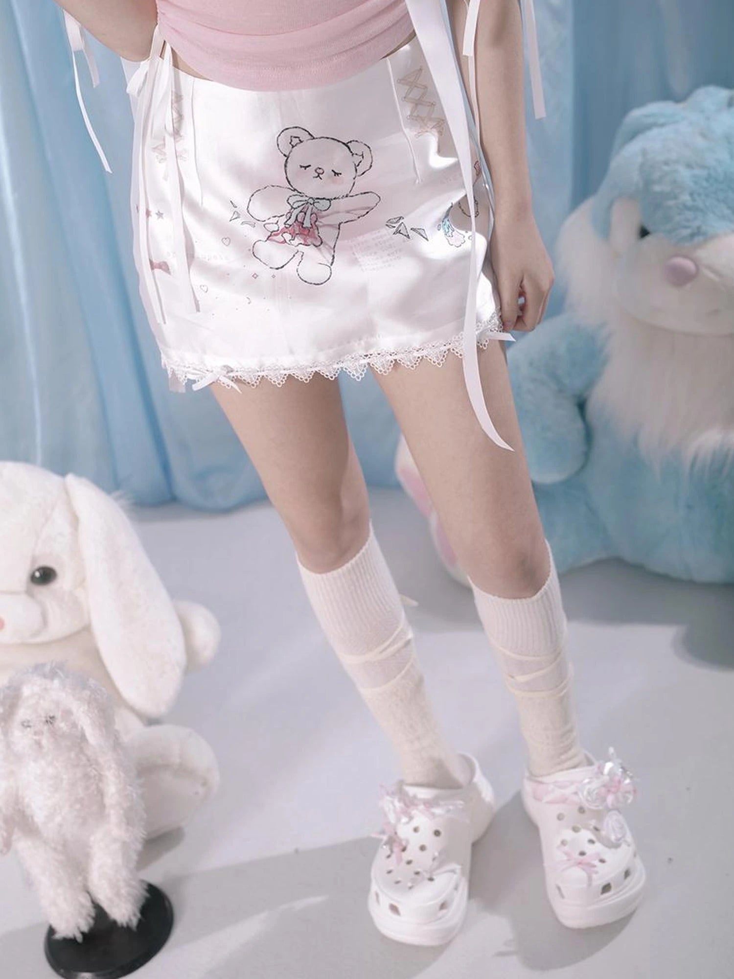 Cute Bear Print Bow Short Skirt