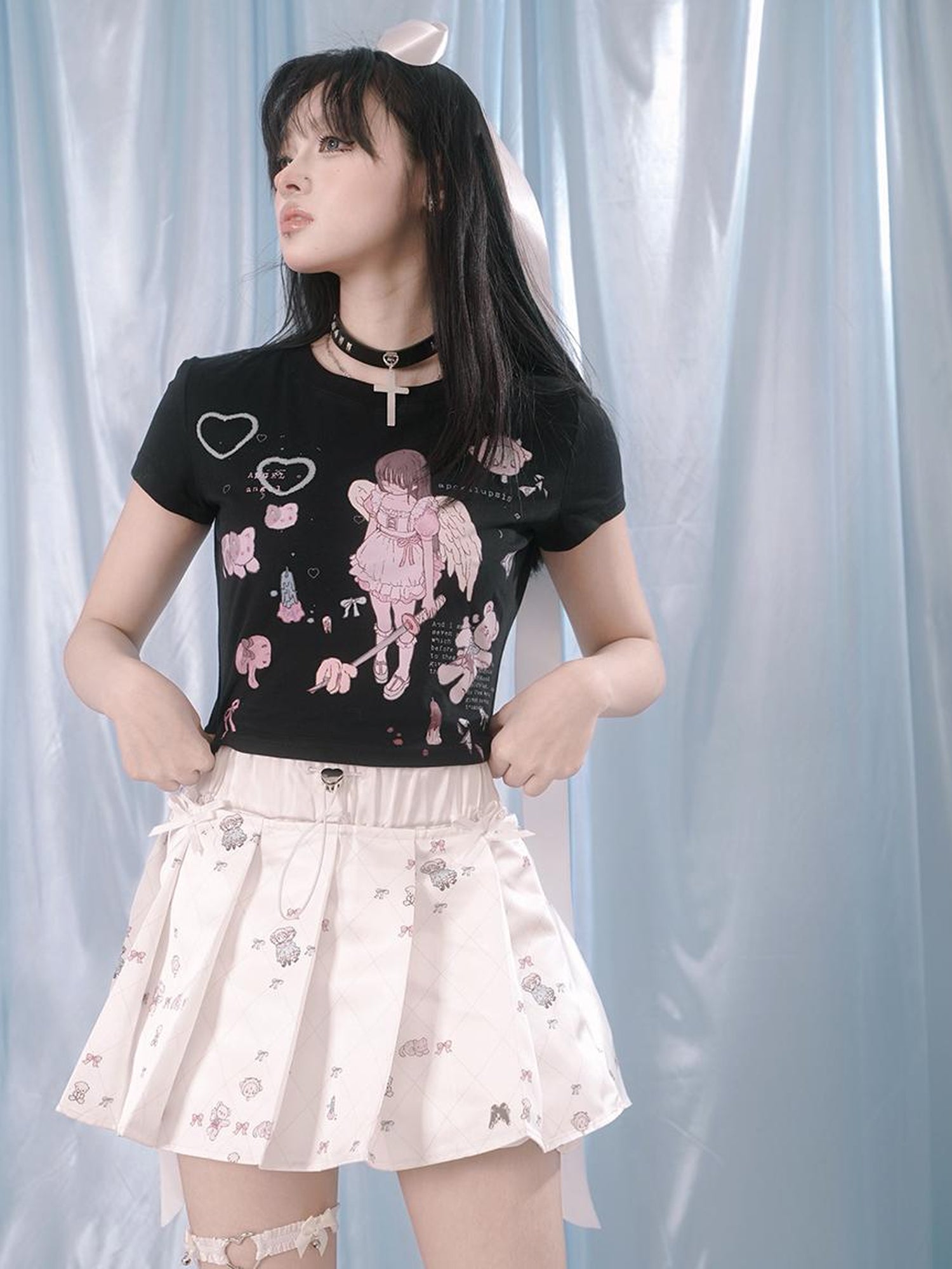 Daytoday Cute Bear Print Pleated Mini Skirt