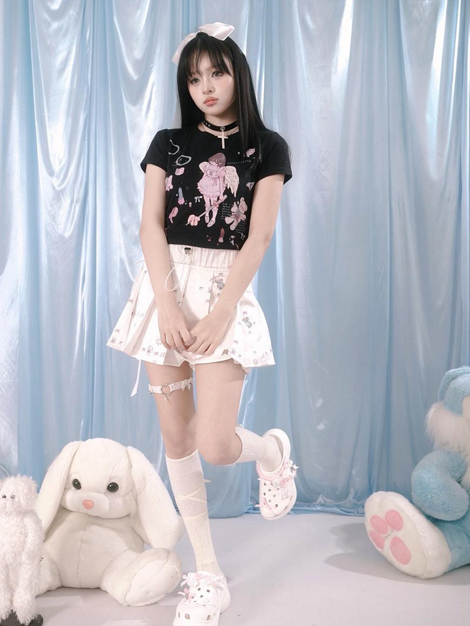 Daytoday Cute Bear Print Pleated Mini Skirt