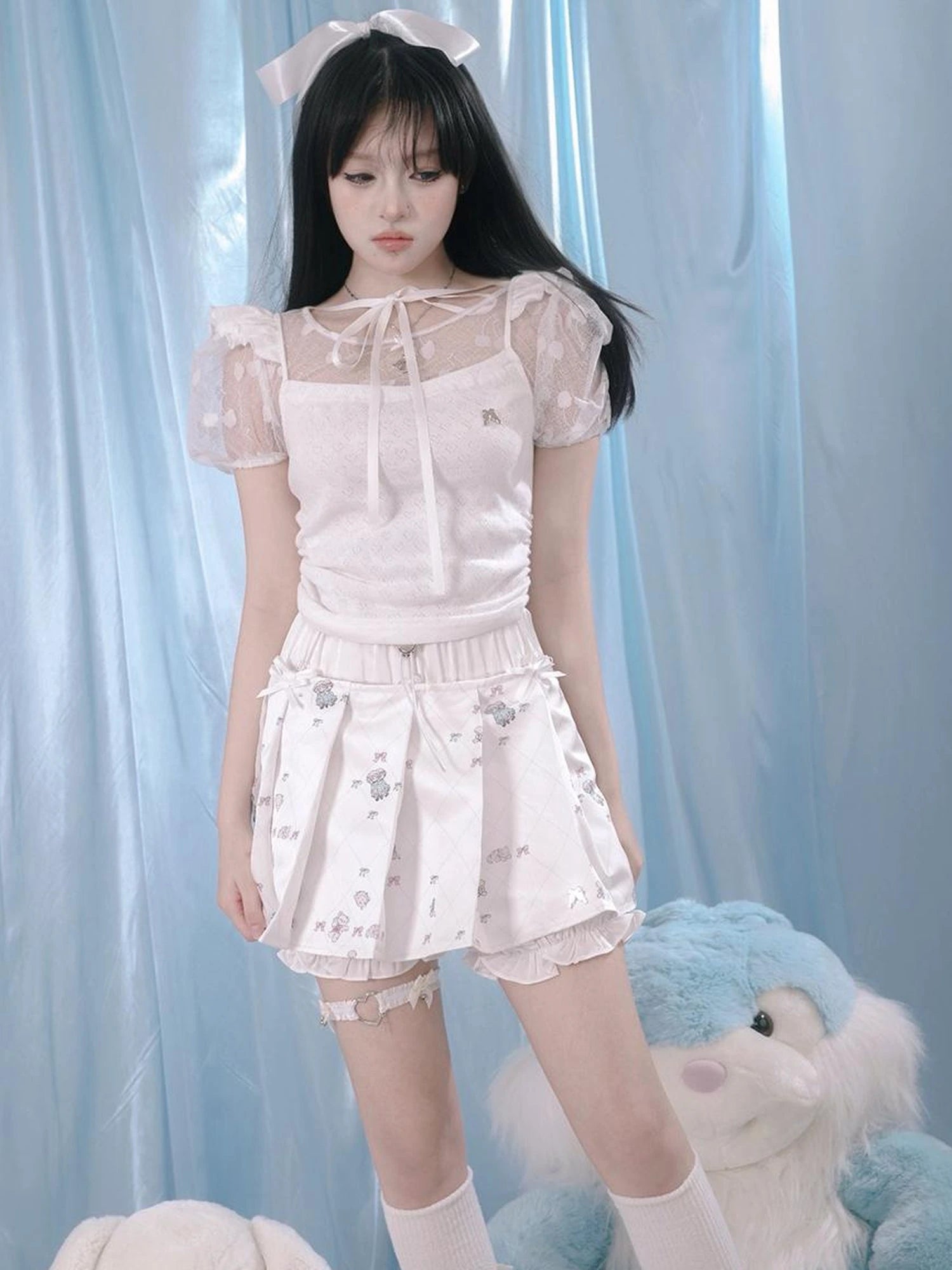 Cute Bear Print Pleated Mini Skirt