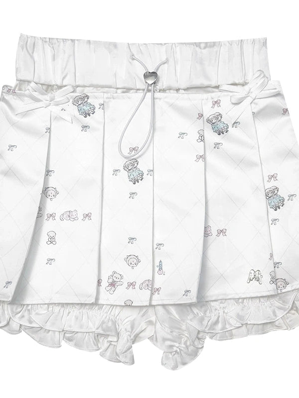 Cute Bear Print Pleated Mini Skirt
