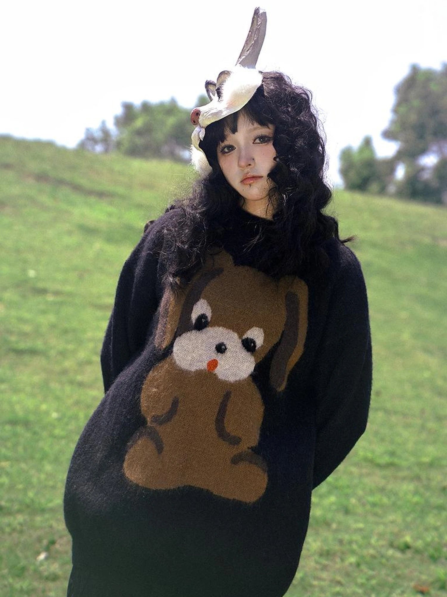 Cute Cartoon Dog Print Knitted Sweater V Neck T Shirt Long Sleeve