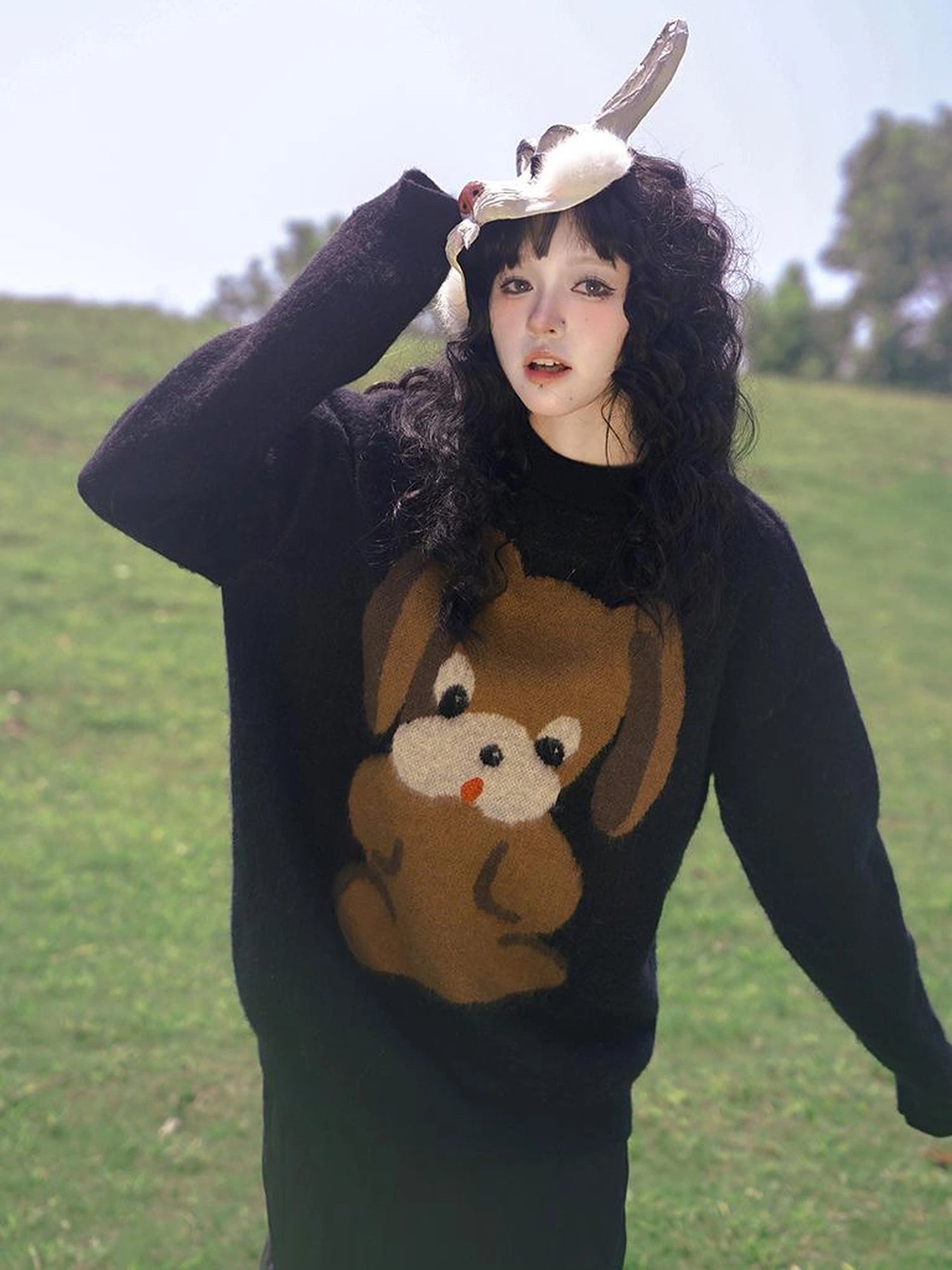 Cute Cartoon Dog Print Knitted Sweater V Neck T Shirt Long Sleeve