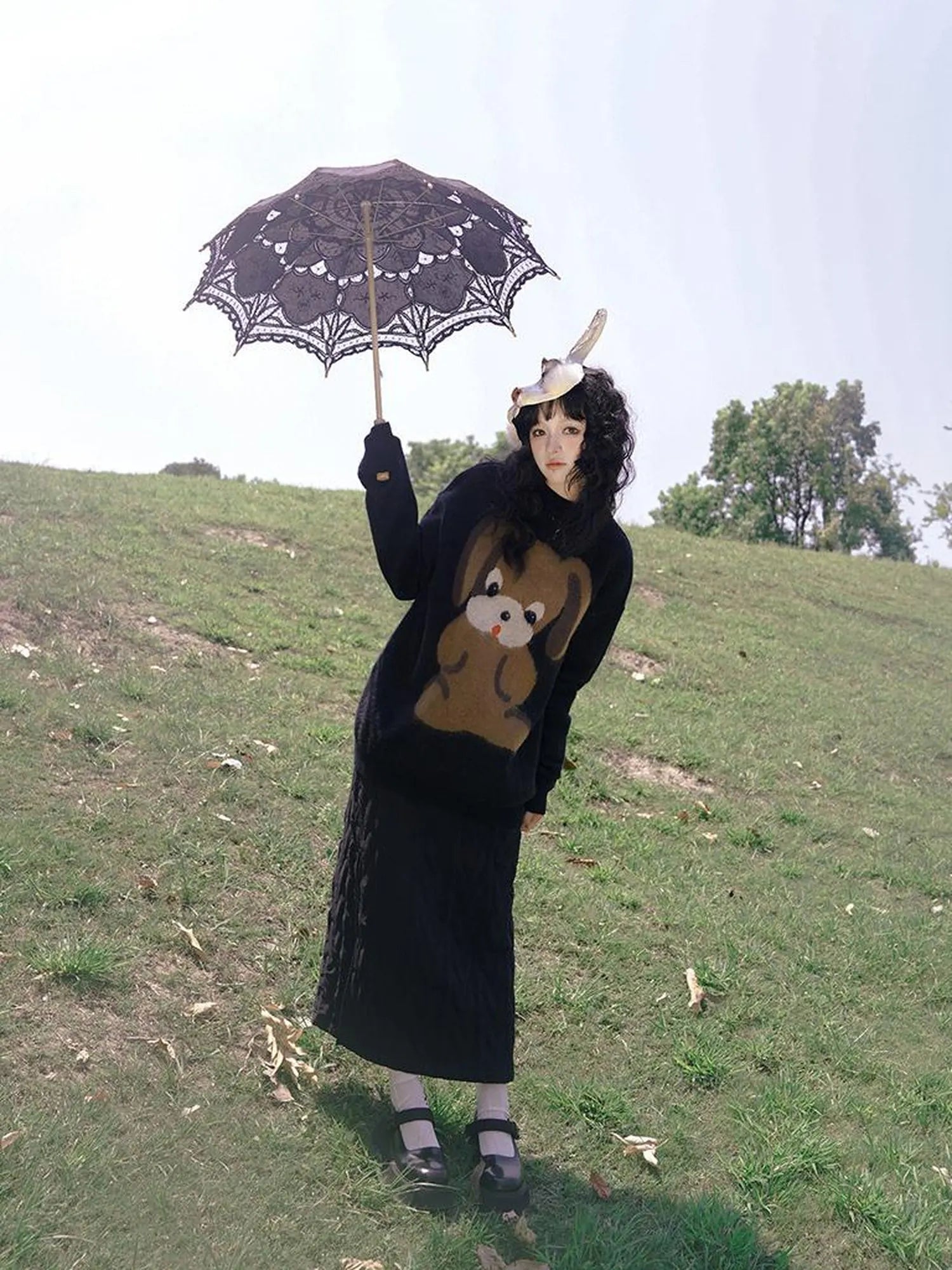 Cute Cartoon Dog Print Knitted Sweater V Neck T Shirt Long Sleeve